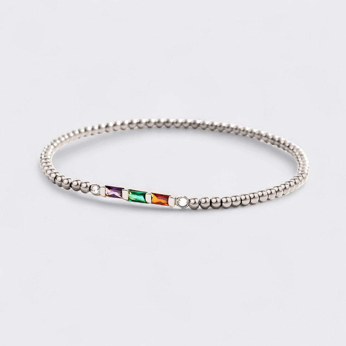 Personalized Baguette Birthstone Beaded Bracelet in 925 sterling silver