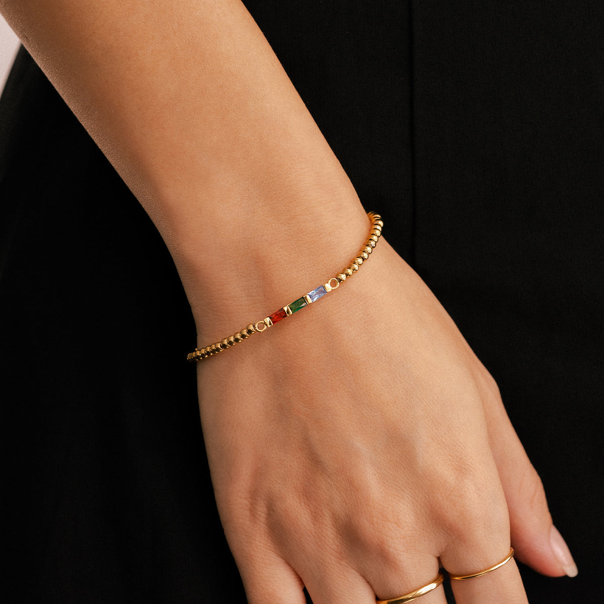 Personalized Baguette Birthstone Beaded Bracelet, worn on a model