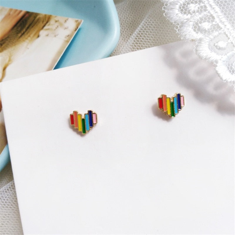 Pixel Heart Rainbow Stud Earrings