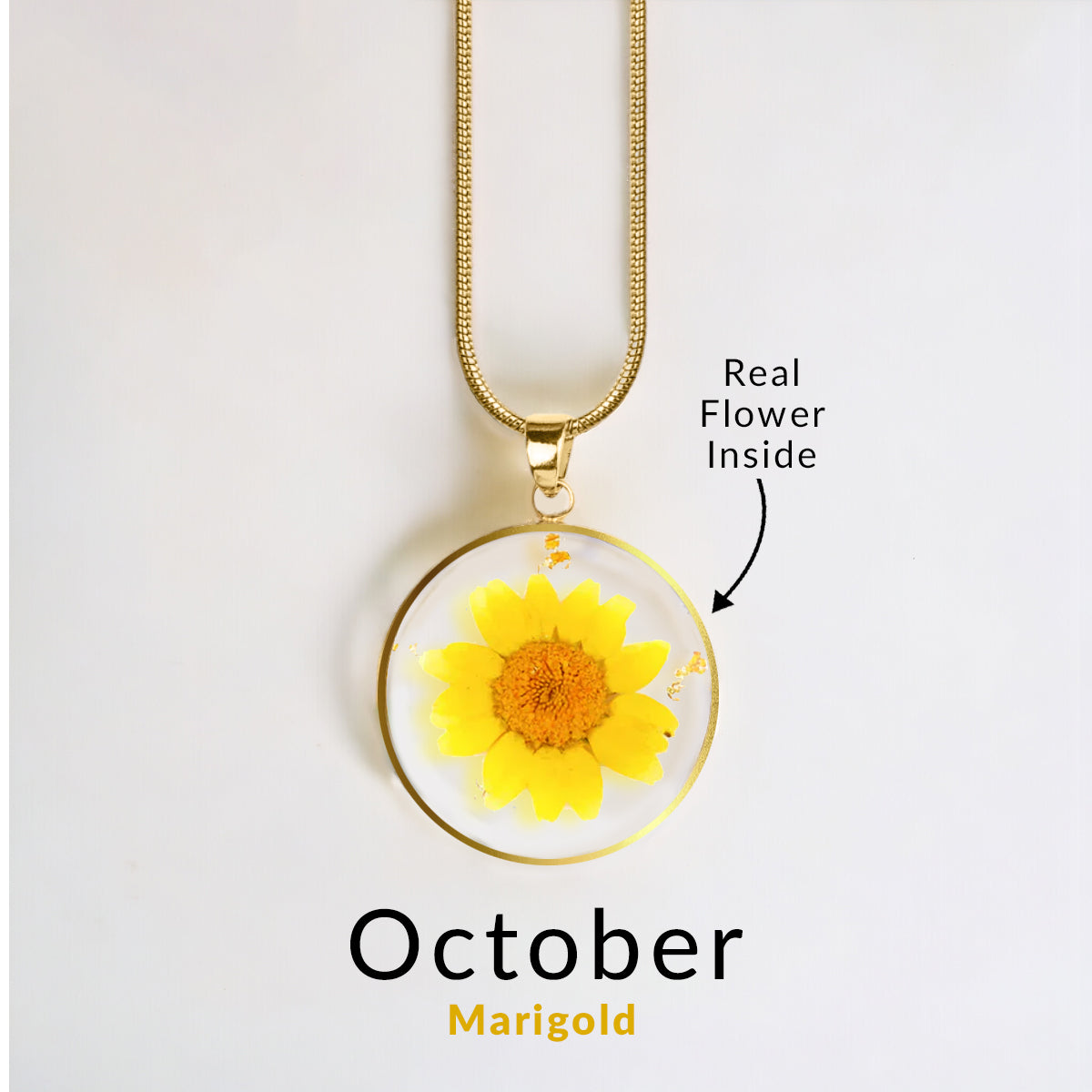 Pressed Birth Flower Necklace in gold tone