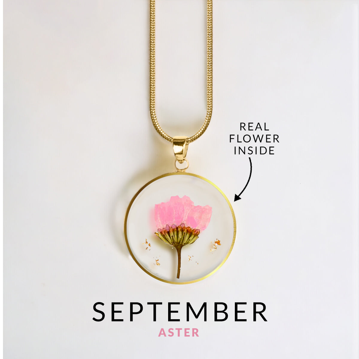 Pressed Birth Flower Necklace in gold tone