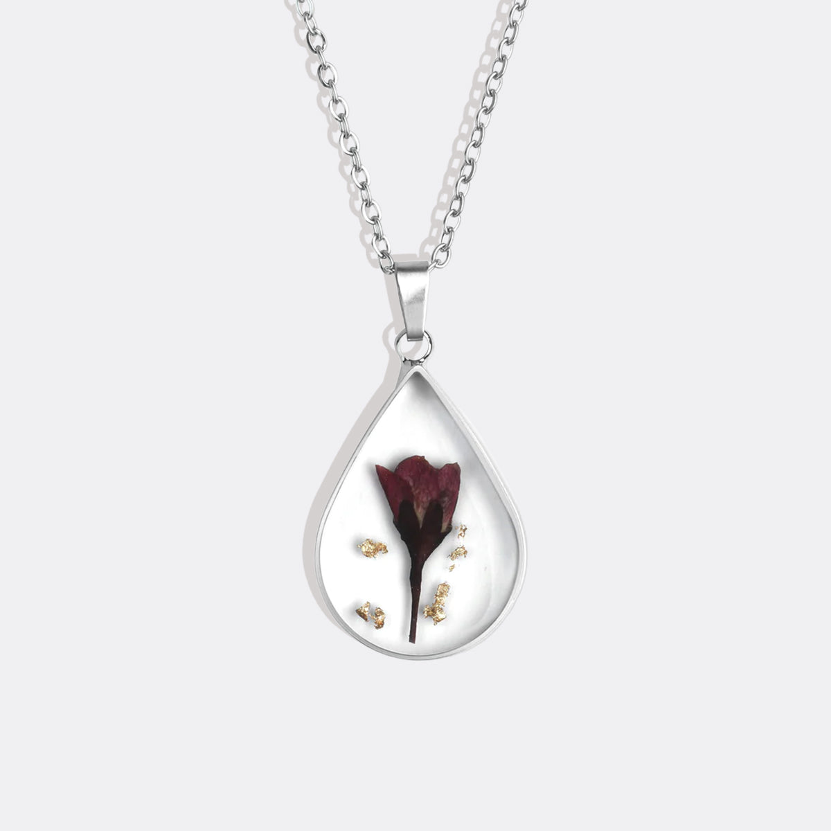 Pressed Birth Flower Droplet Necklace with August birthstone