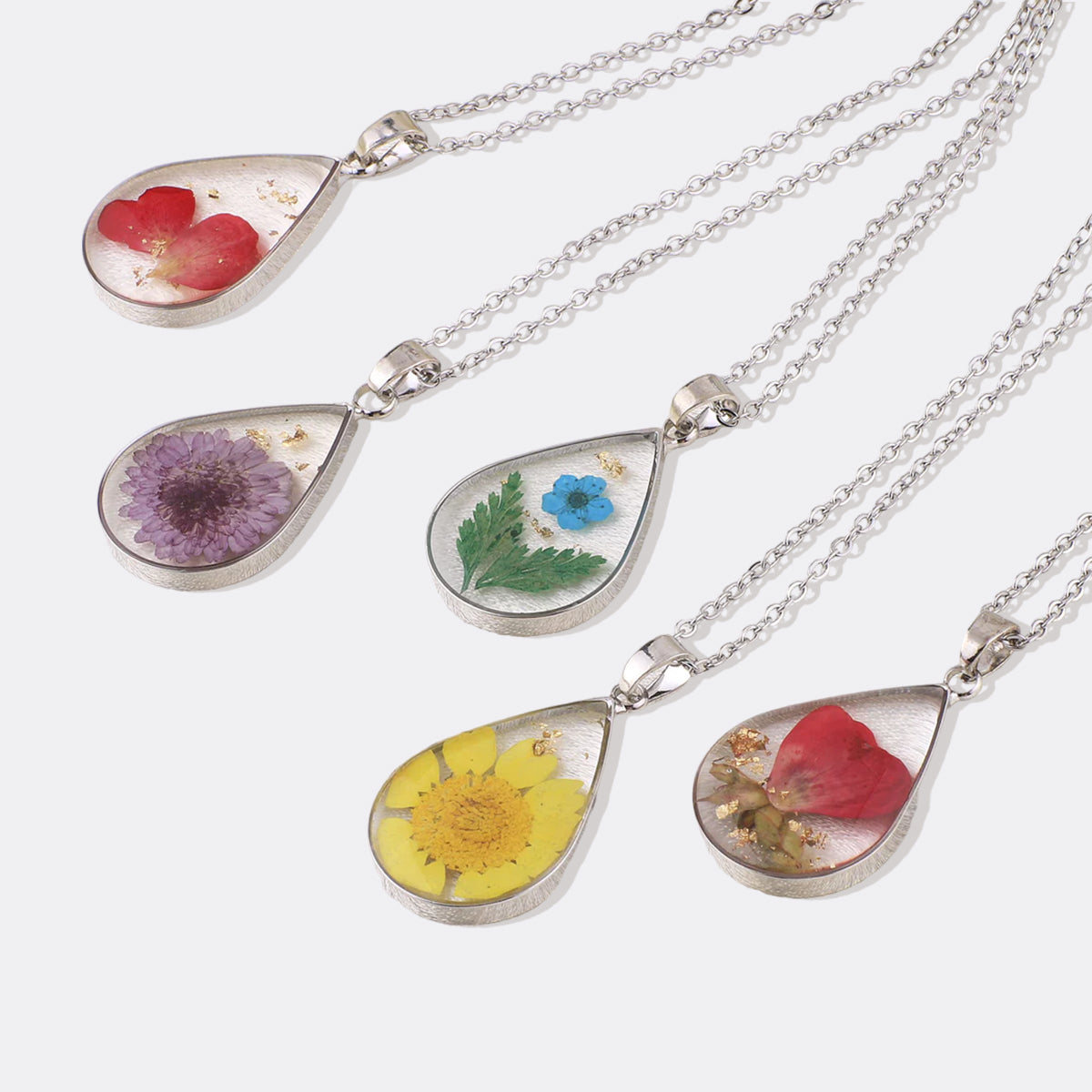Pressed Birth Flower Droplet Necklace with January birthstone