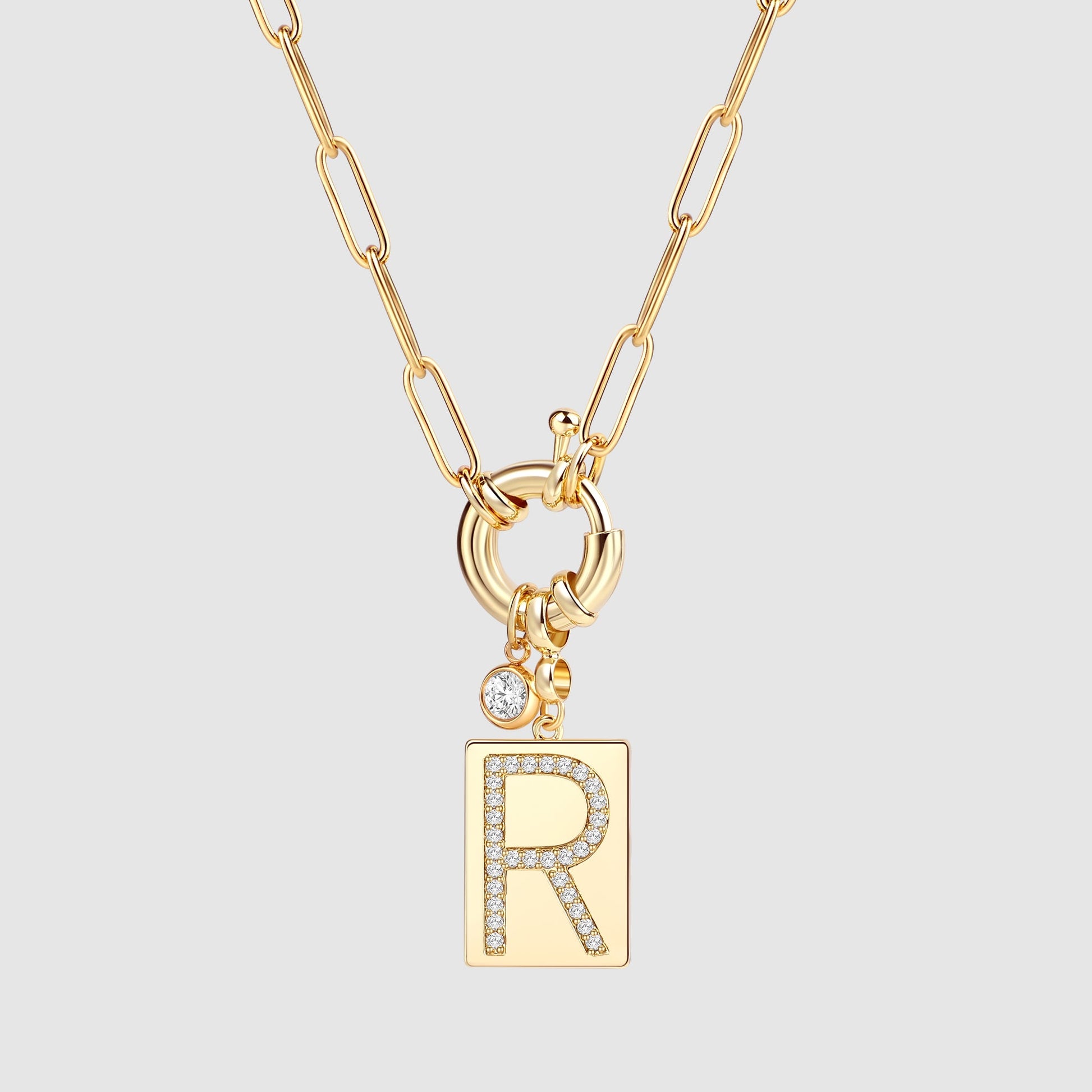 Collana Pendente Iniziale Pavé con Catena Paperclip