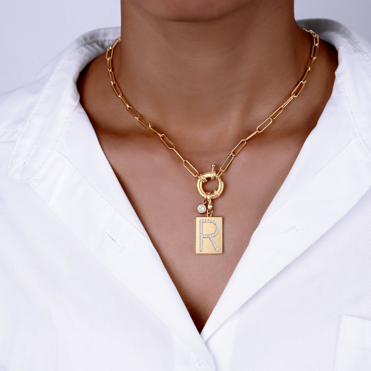 Collana Pendente Iniziale Pavé con Catena Paperclip