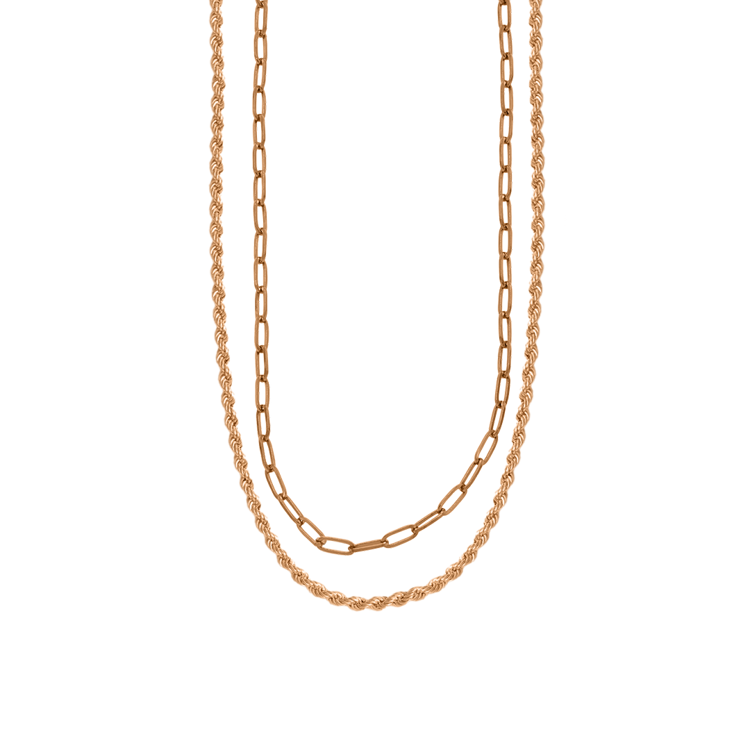 Rope + Paperclip Chain Set in rose gold tone