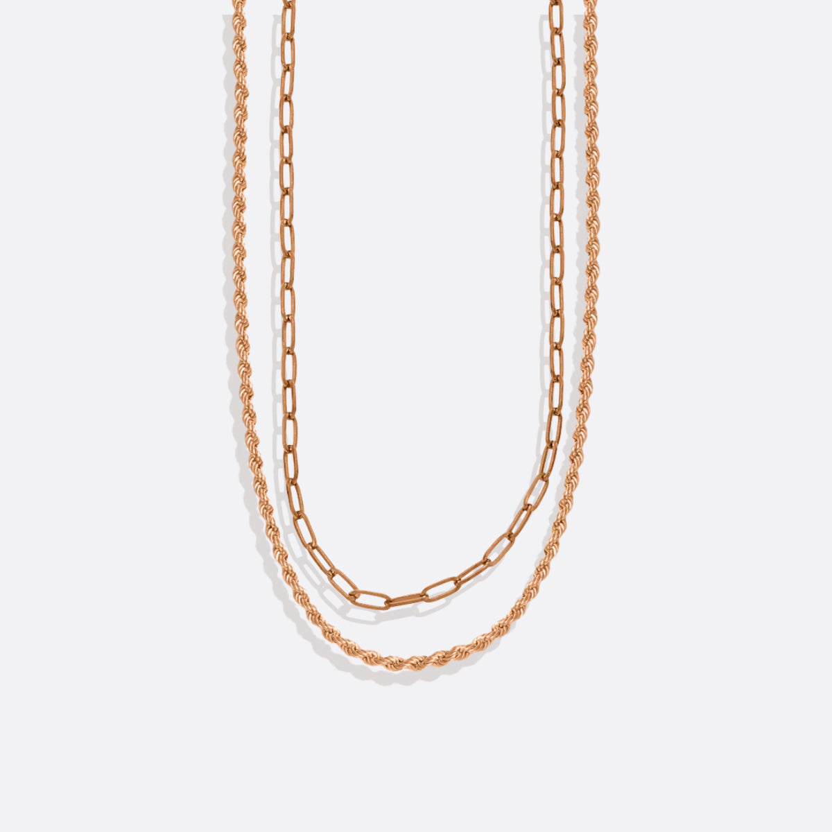 Rope + Paperclip Chain Set in rose gold tone