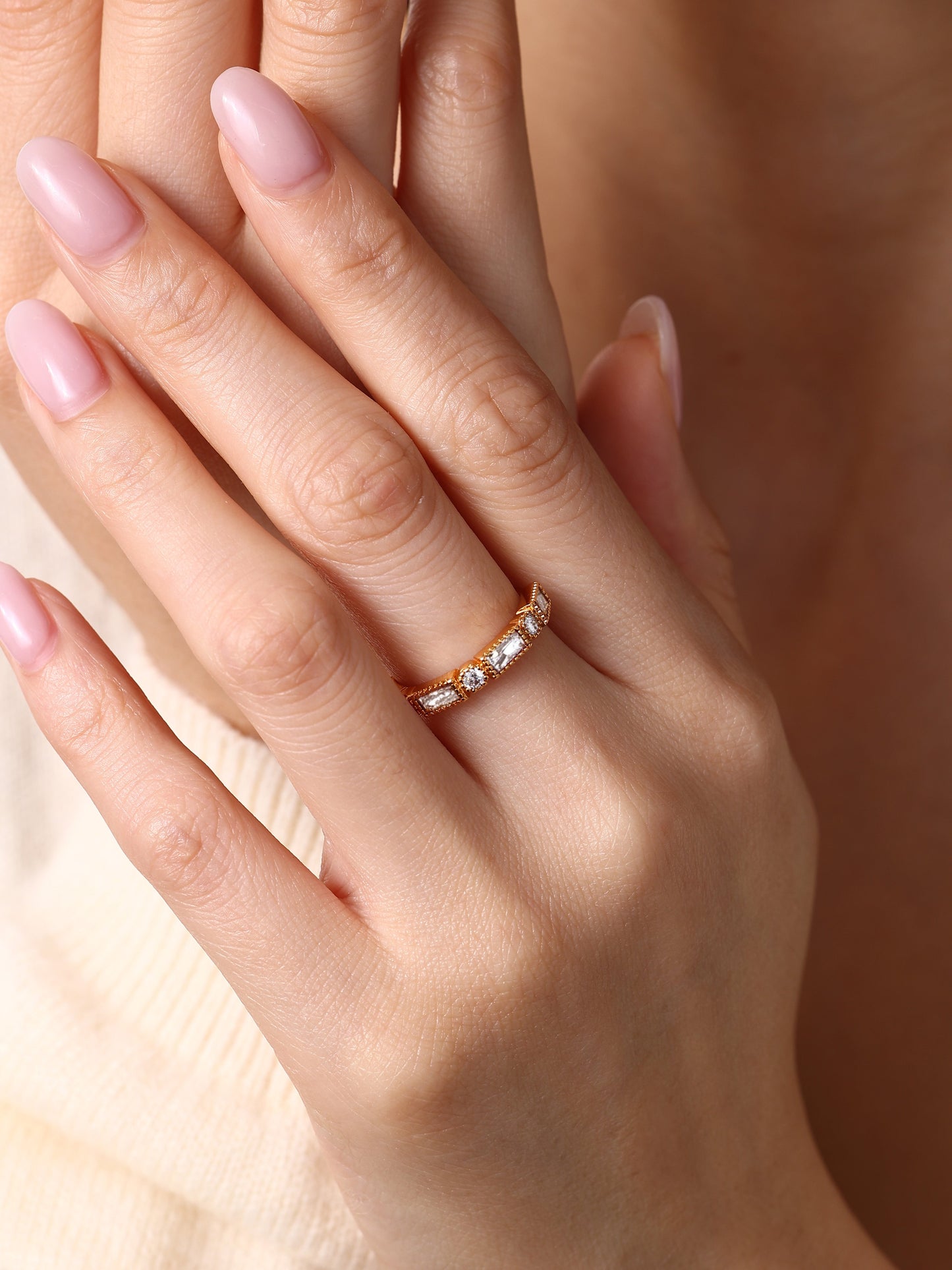 Round & Baguette Vintage Ring, worn on a model