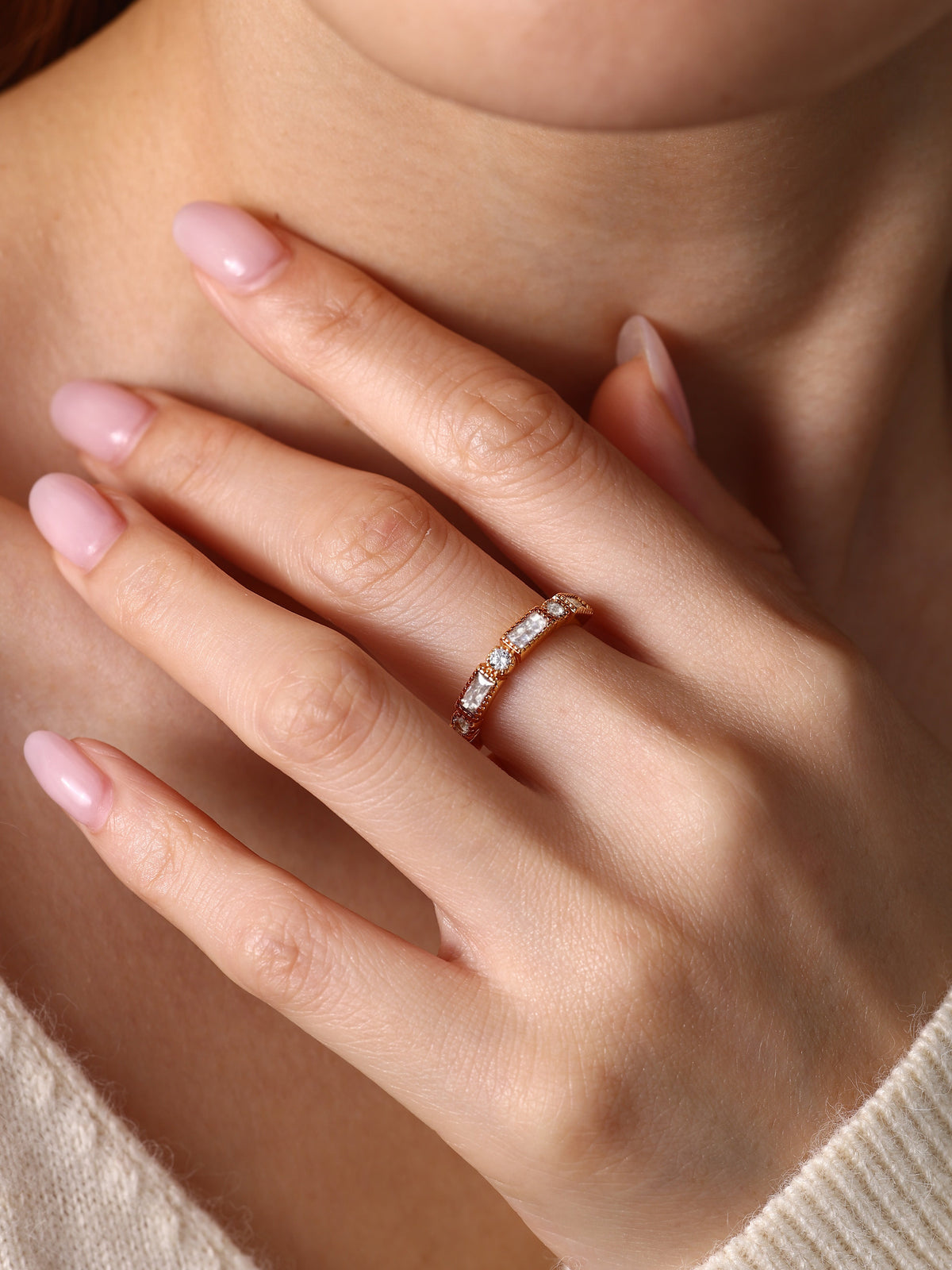 Round & Baguette Vintage Ring, worn on a model