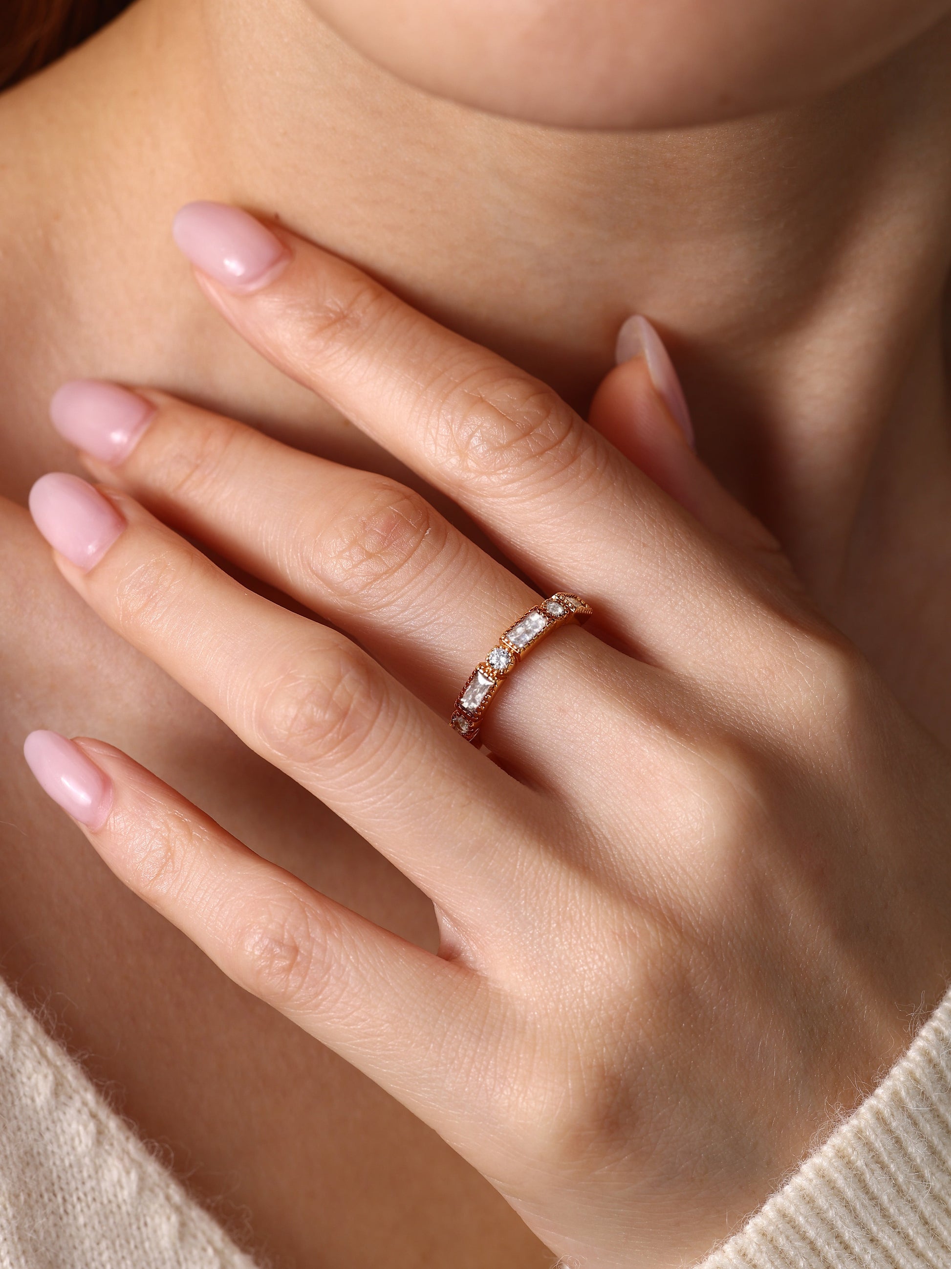 Round & Baguette Vintage Ring, worn on a model