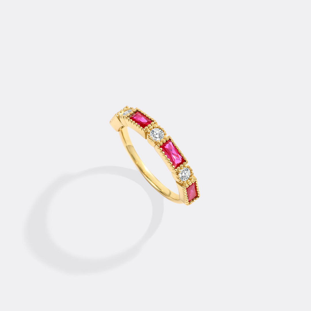 Personalized Round and Baguette Birthstone Ring with July birthstone