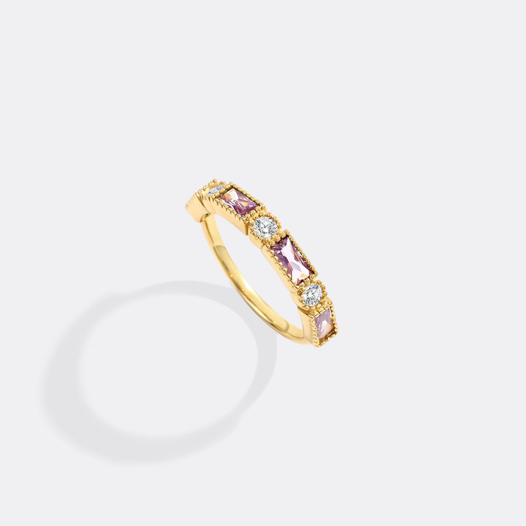 Personalized Round and Baguette Birthstone Ring with June birthstone