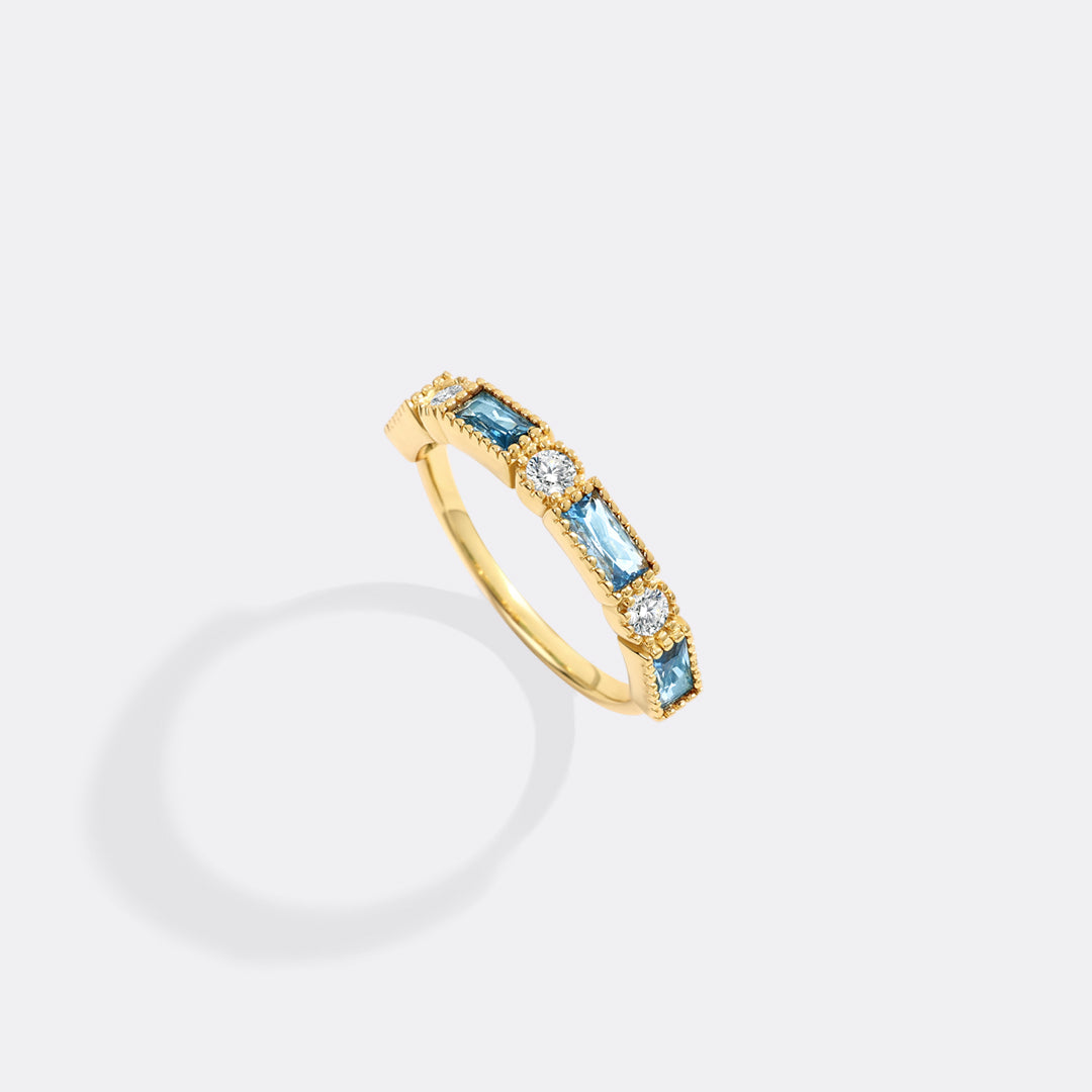 Personalized Round and Baguette Birthstone Ring with March birthstone