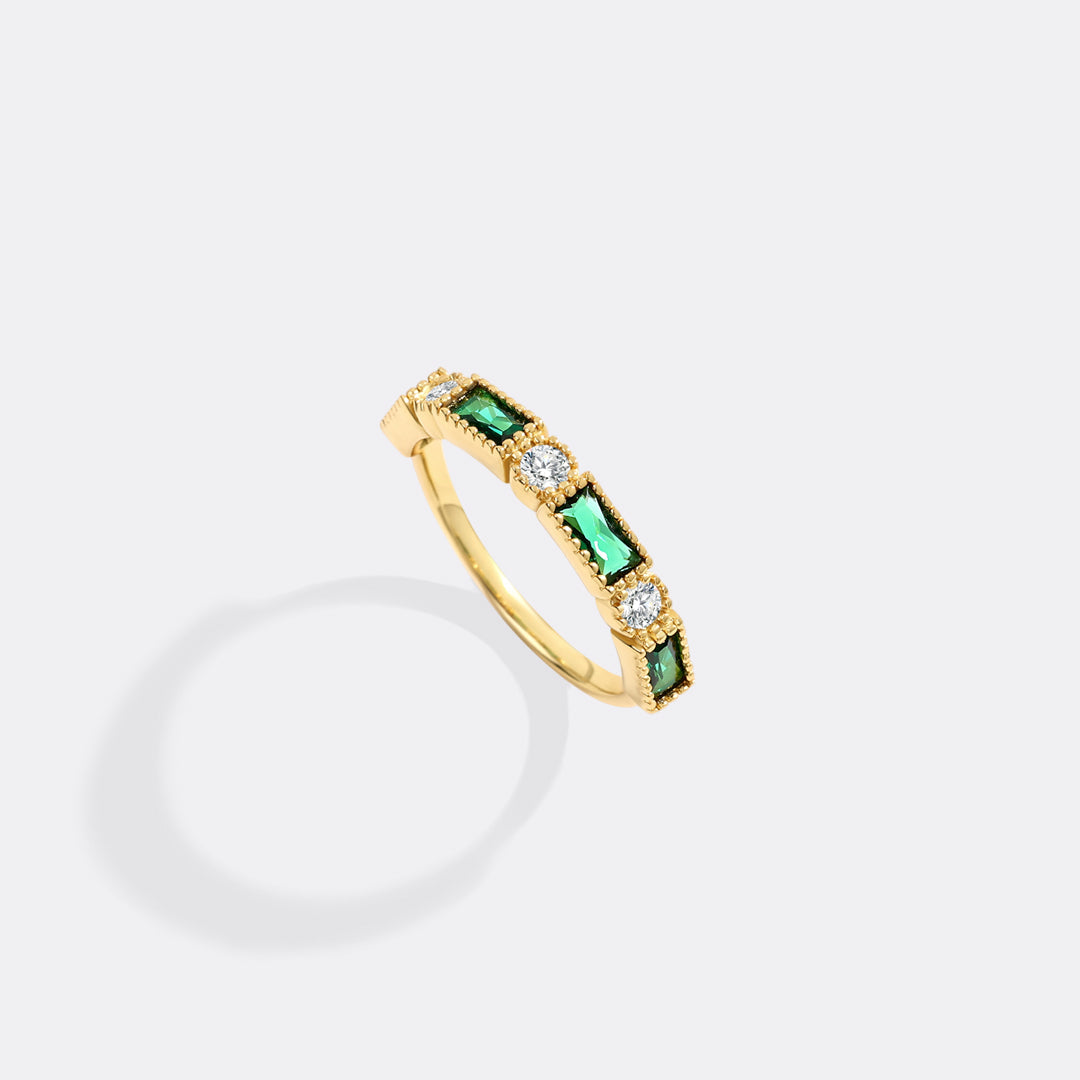 Personalized Round and Baguette Birthstone Ring with May birthstone