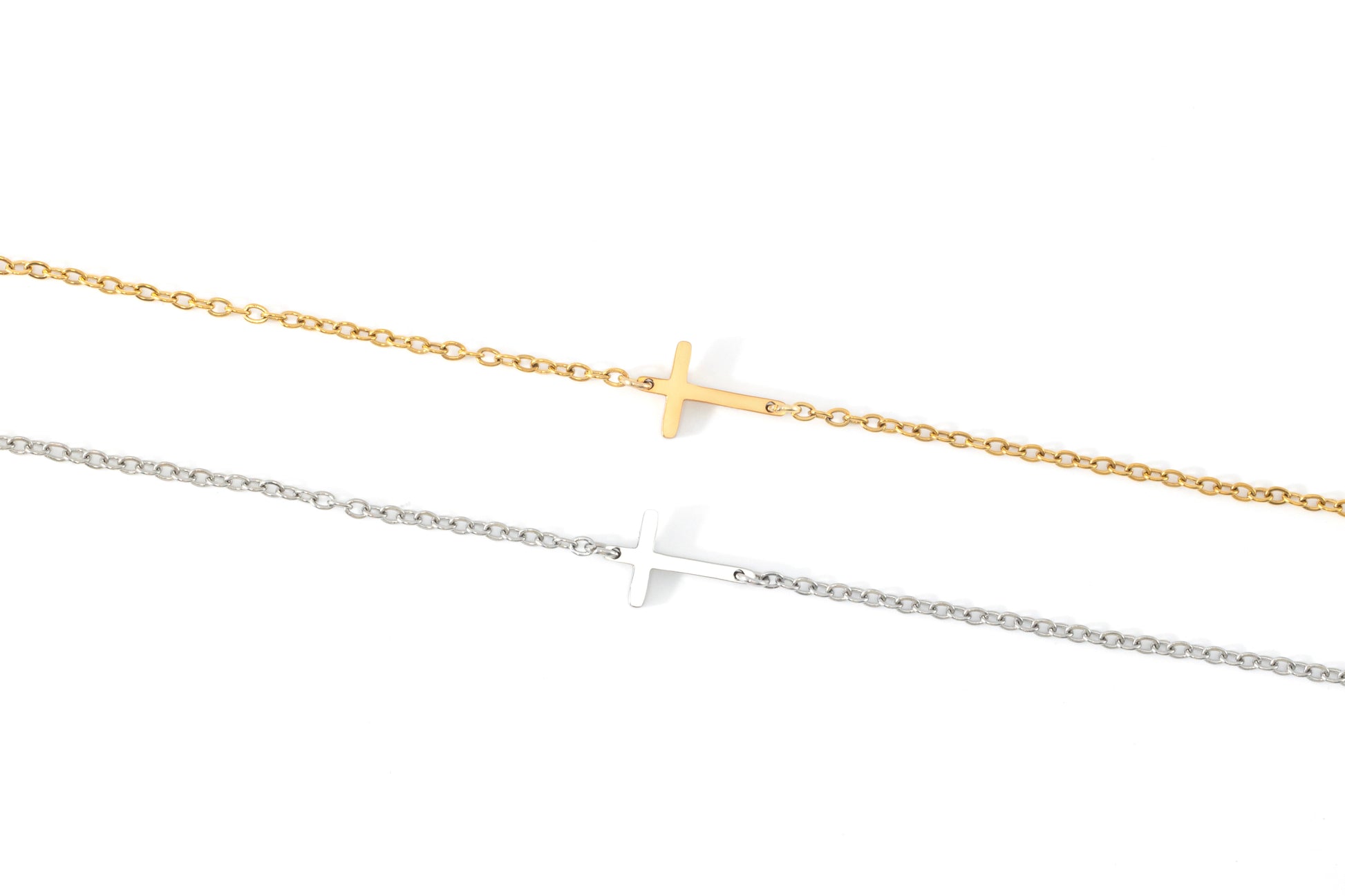 Dainty Sideways Cross Necklace, flat lay detail