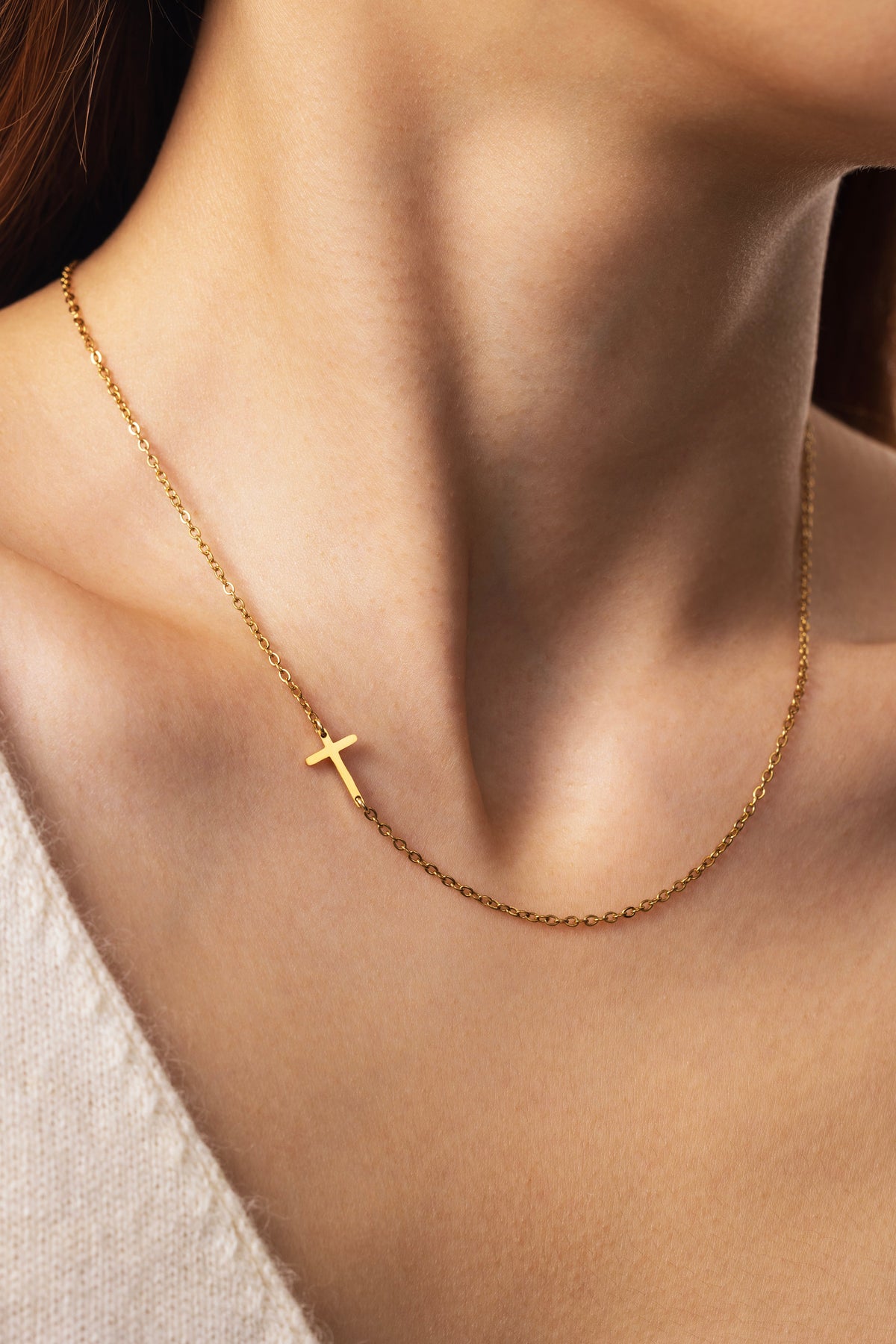 Dainty Sideways Cross Necklace, worn on a model