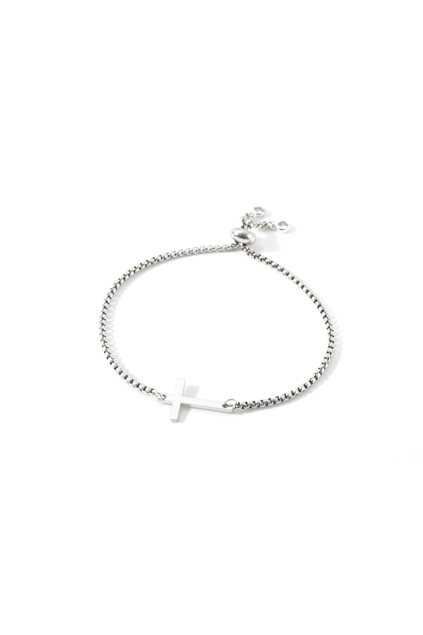 Sideways Cross Slider Bracelet in 925 sterling silver, flat lay detail