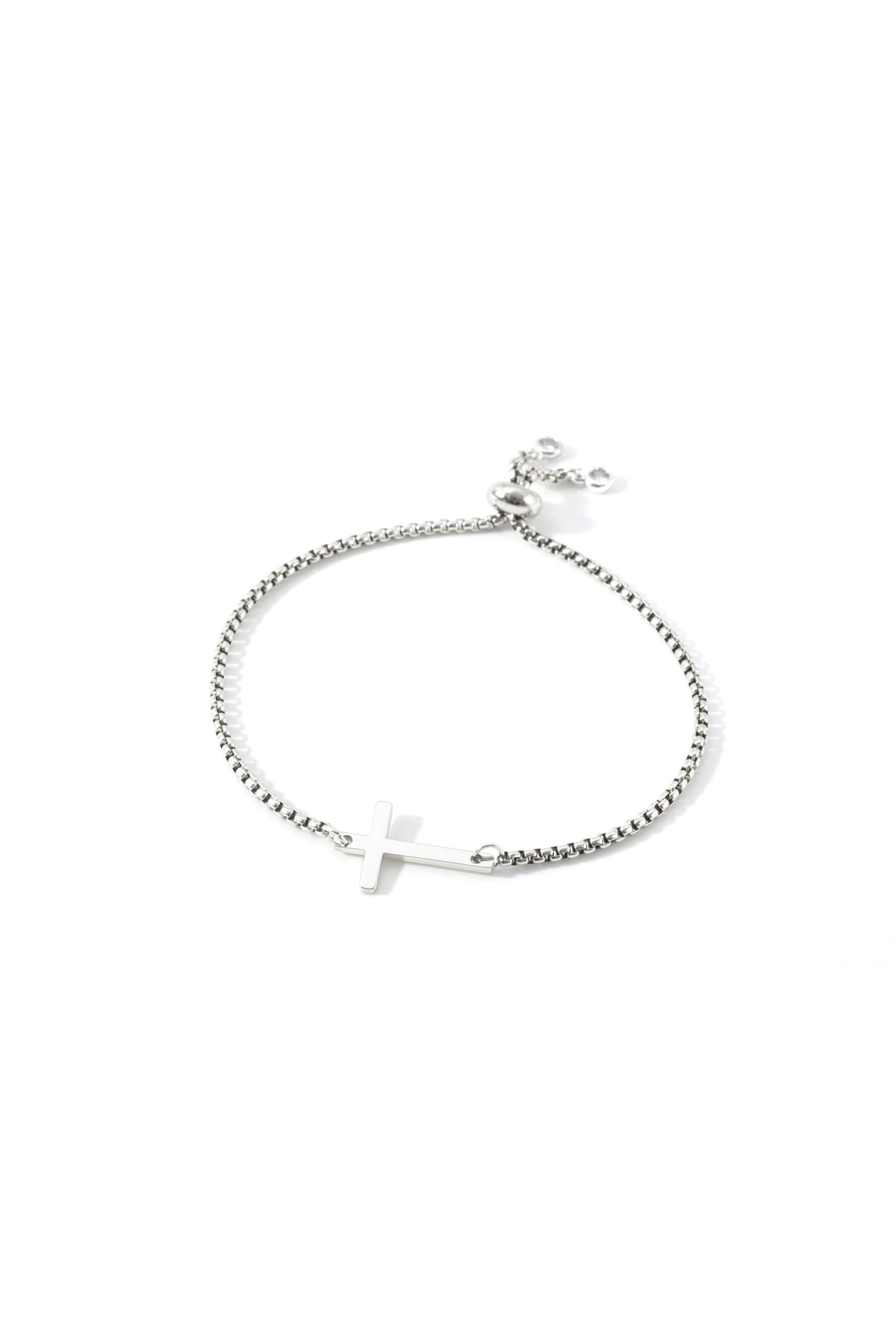 Sideways Cross Slider Bracelet in 925 sterling silver, flat lay detail