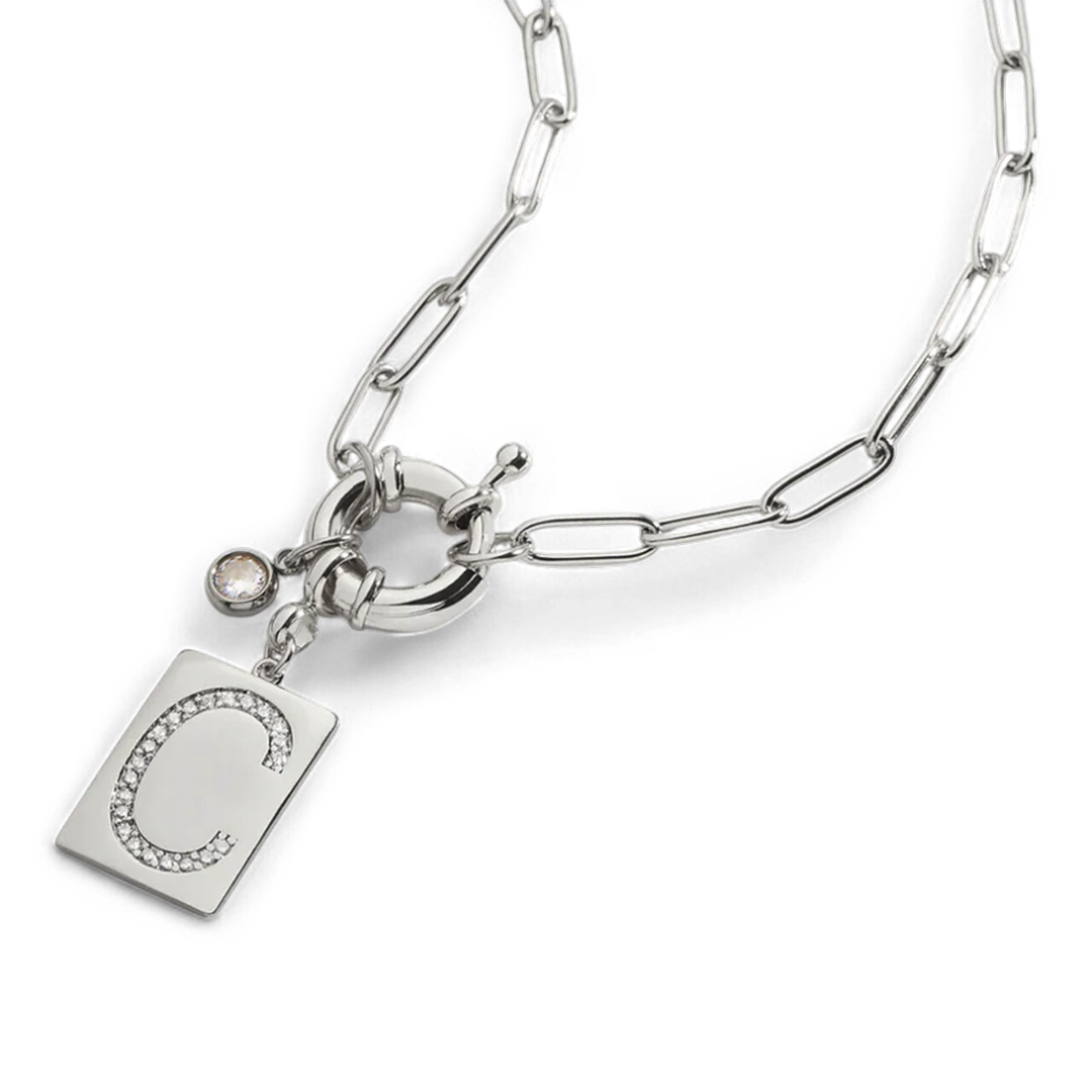 Collana Pendente Iniziale Pavé con Catena Paperclip