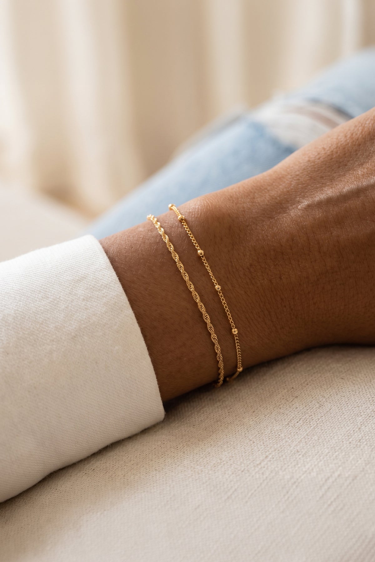 Singapore Twist and Satellite Chain Bracelet Bundle, worn on a model