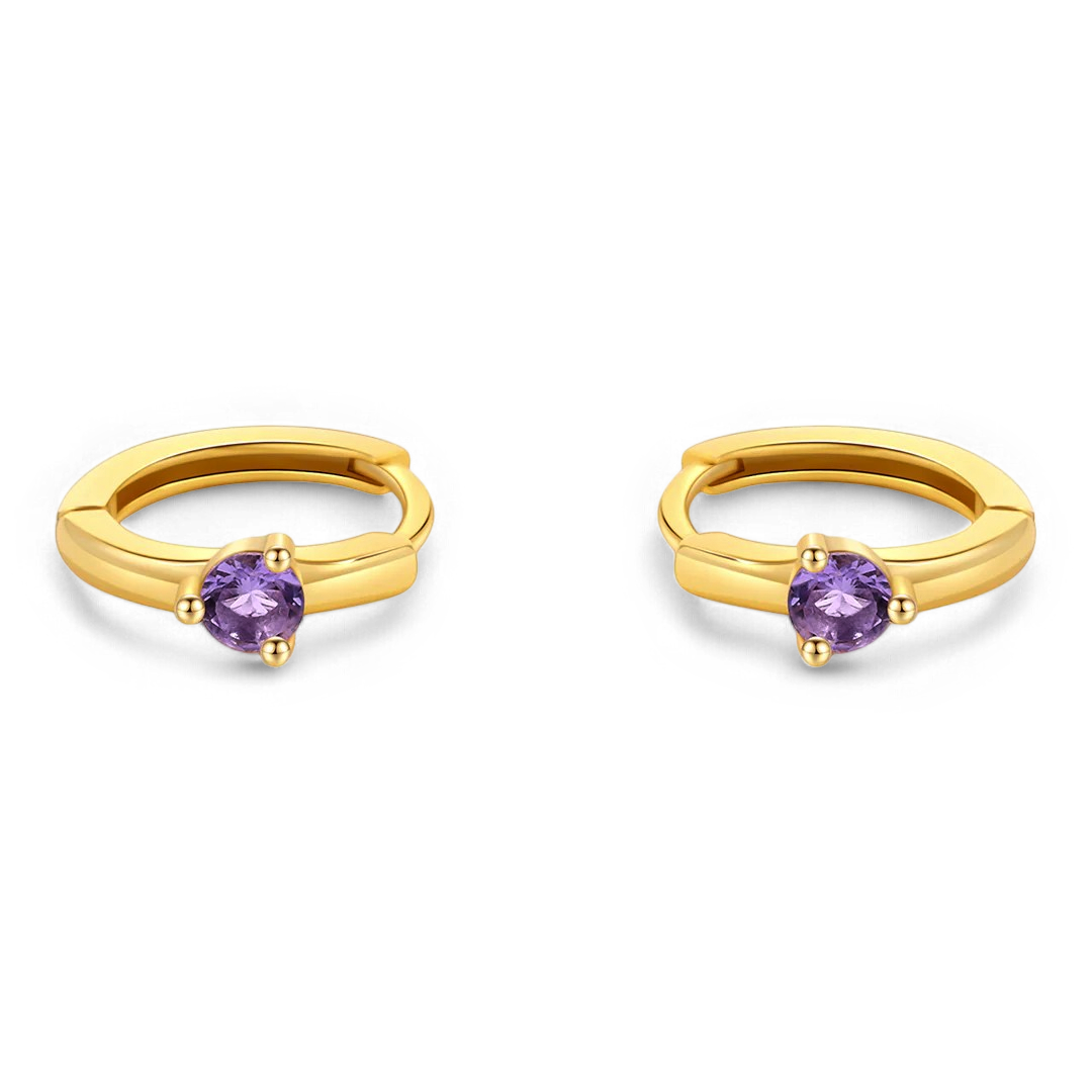 Solitaire Birthstone Huggie Hoop Earrings in gold tone with February birthstone