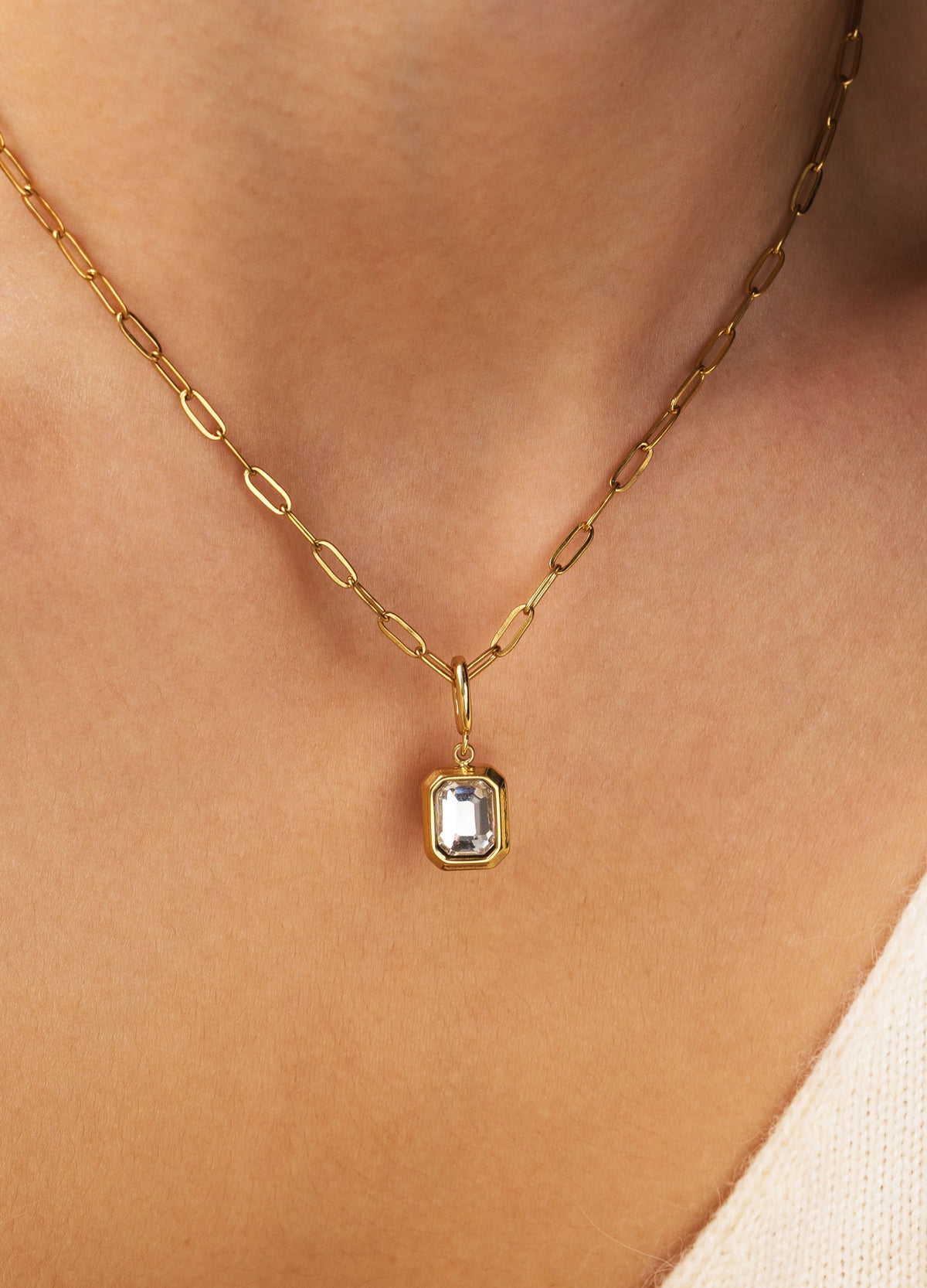 Sophia Baguette Necklace, worn on a model