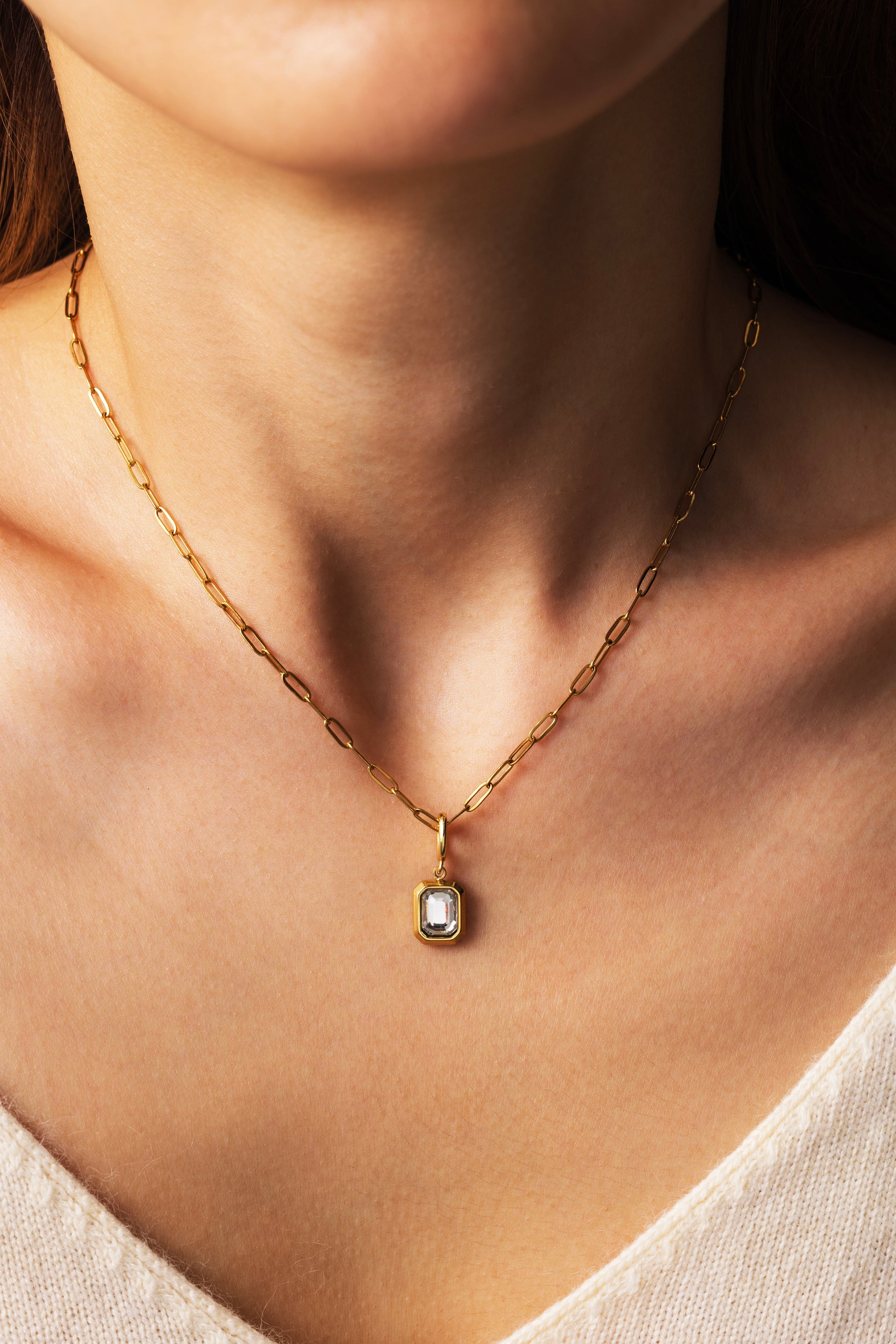 Sophia Baguette Necklace, worn on a model