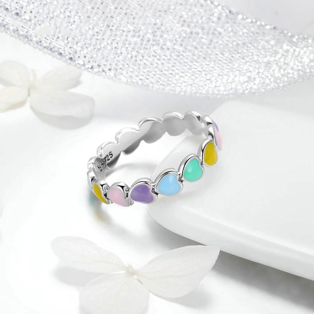 Rainbow Heart Band Ring in 925 sterling silver