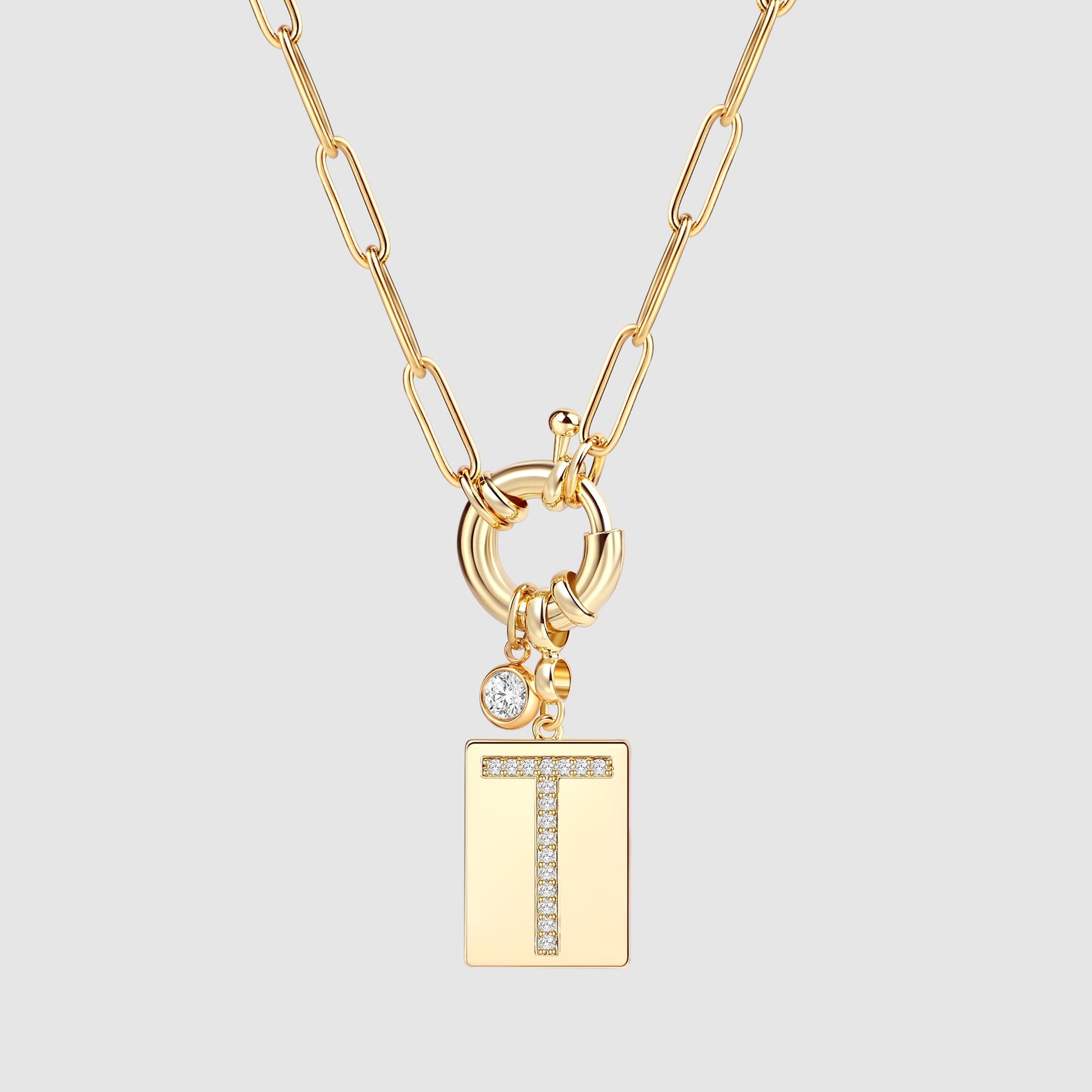 Collana Pendente Iniziale Pavé con Catena Paperclip
