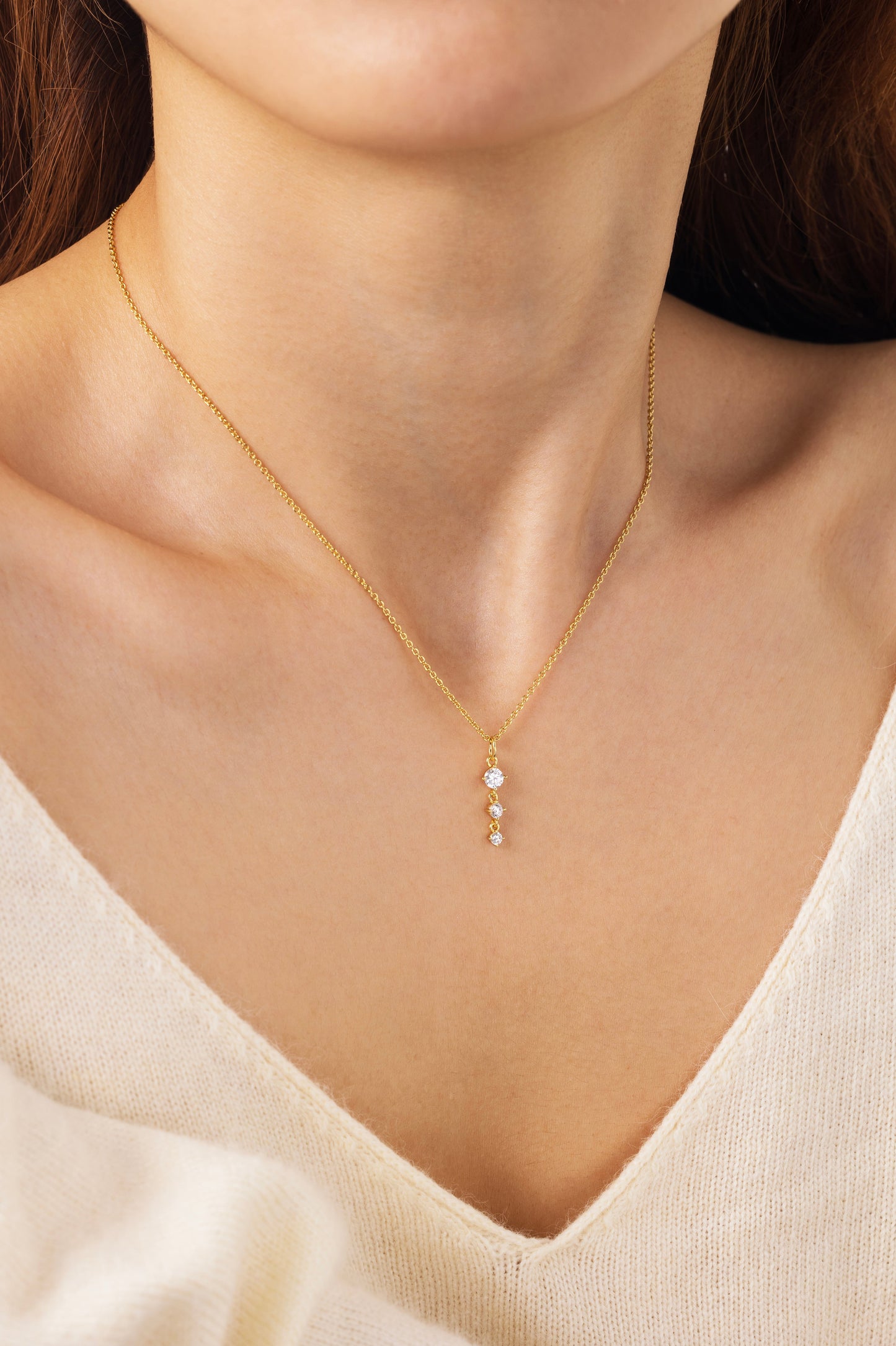Three Stone Drop Pendant Necklace, worn on a model