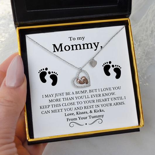 "To My Mommy" Baby Feet Heart Pendant Necklace, in its gift packaging