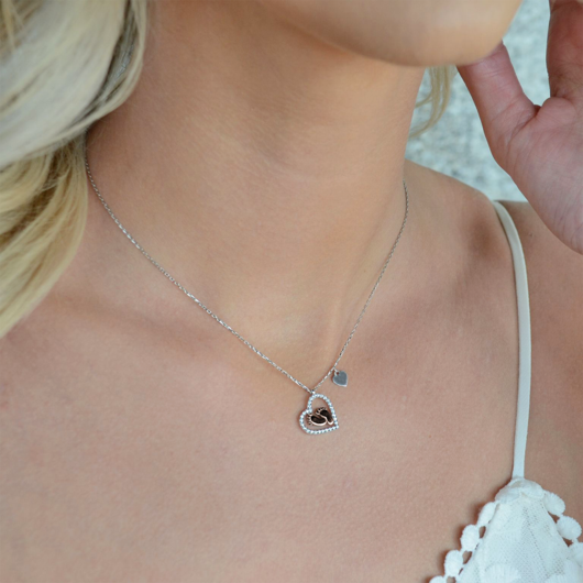 "To My Mommy" Baby Feet Heart Pendant Necklace, worn on a model