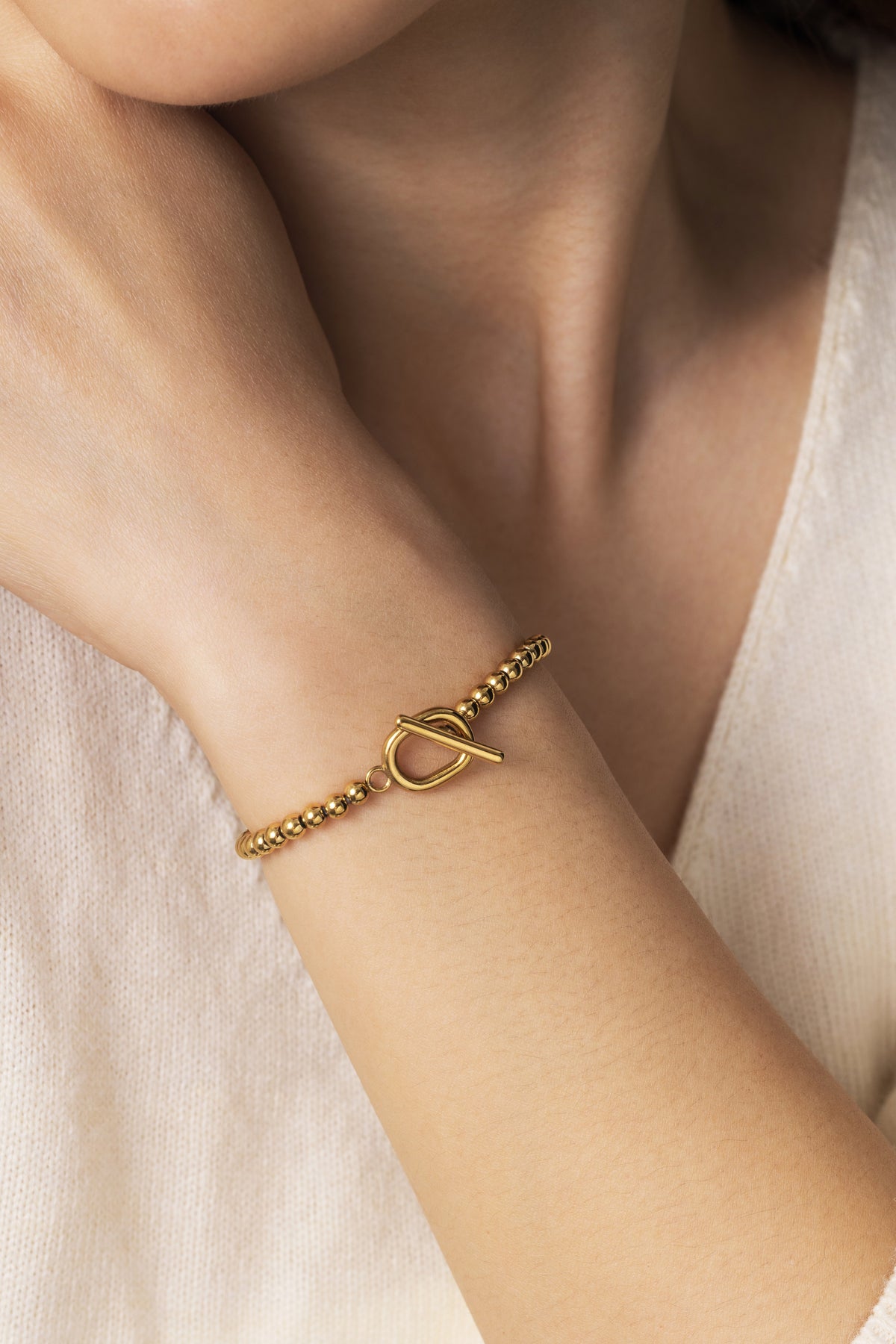 Toggle Clasp Beaded Bracelet, worn on a model