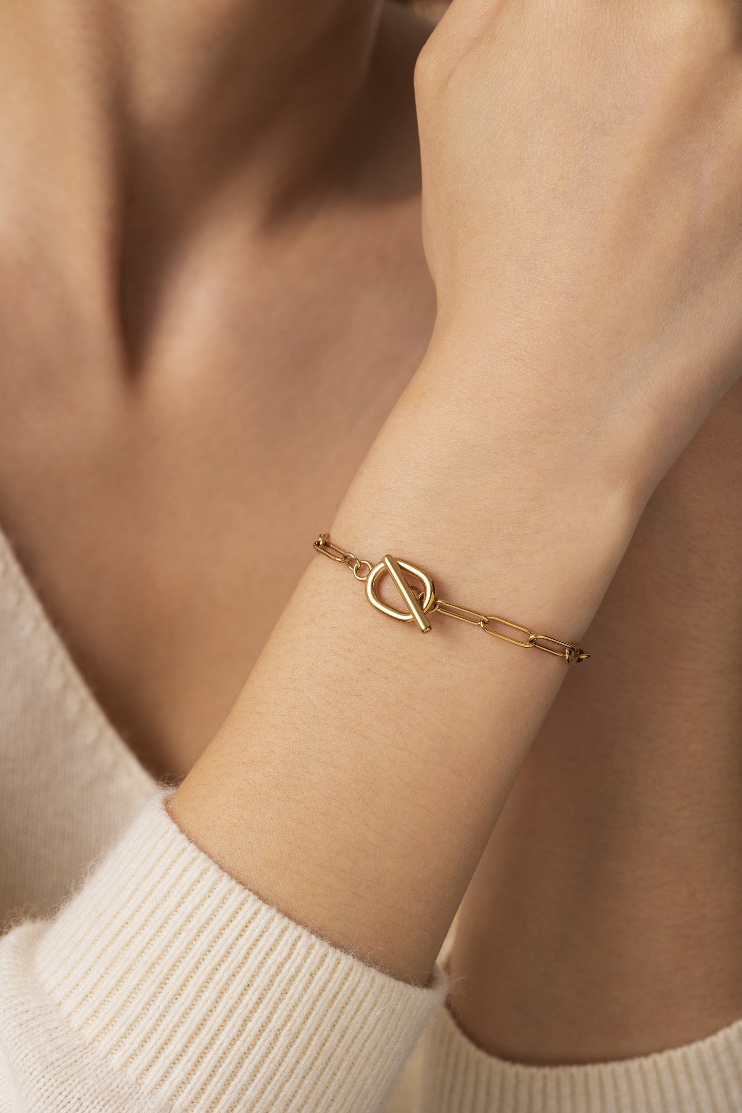 Toggle Clasp Paperclip Chain Bracelet, worn on a model