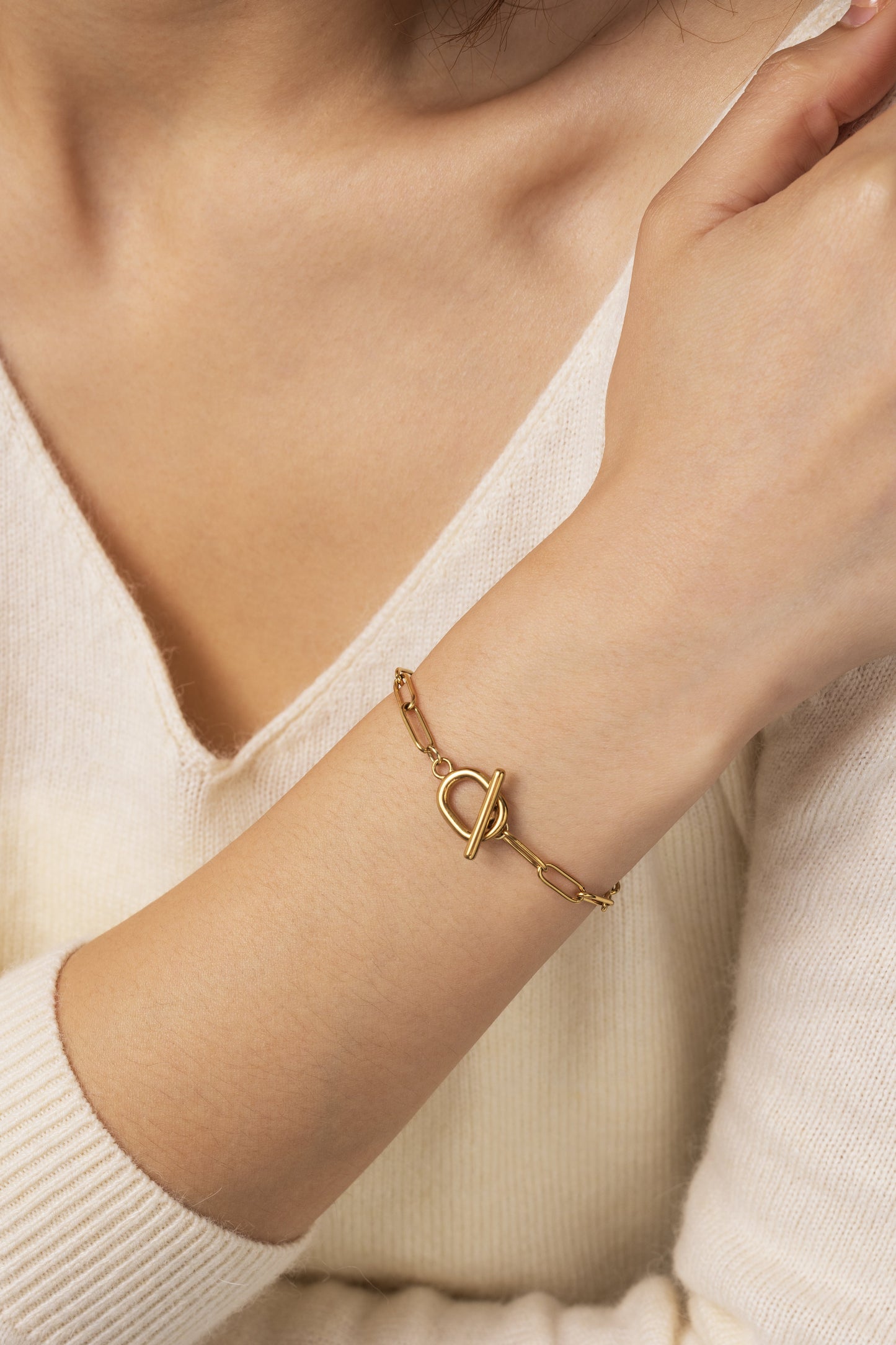 Toggle Clasp Paperclip Chain Bracelet, worn on a model