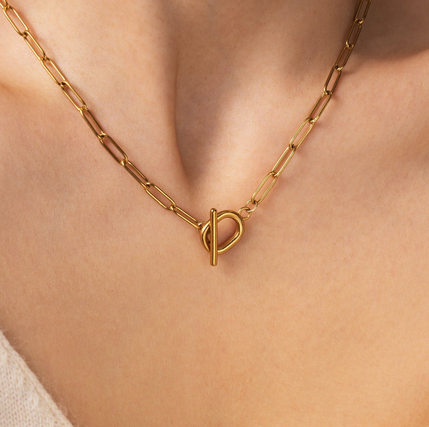 Toggle Clasp Paperclip Chain Necklace, worn on a model