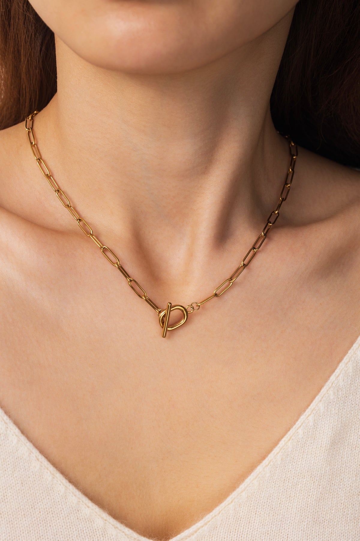 Toggle Clasp Paperclip Chain Necklace, worn on a model