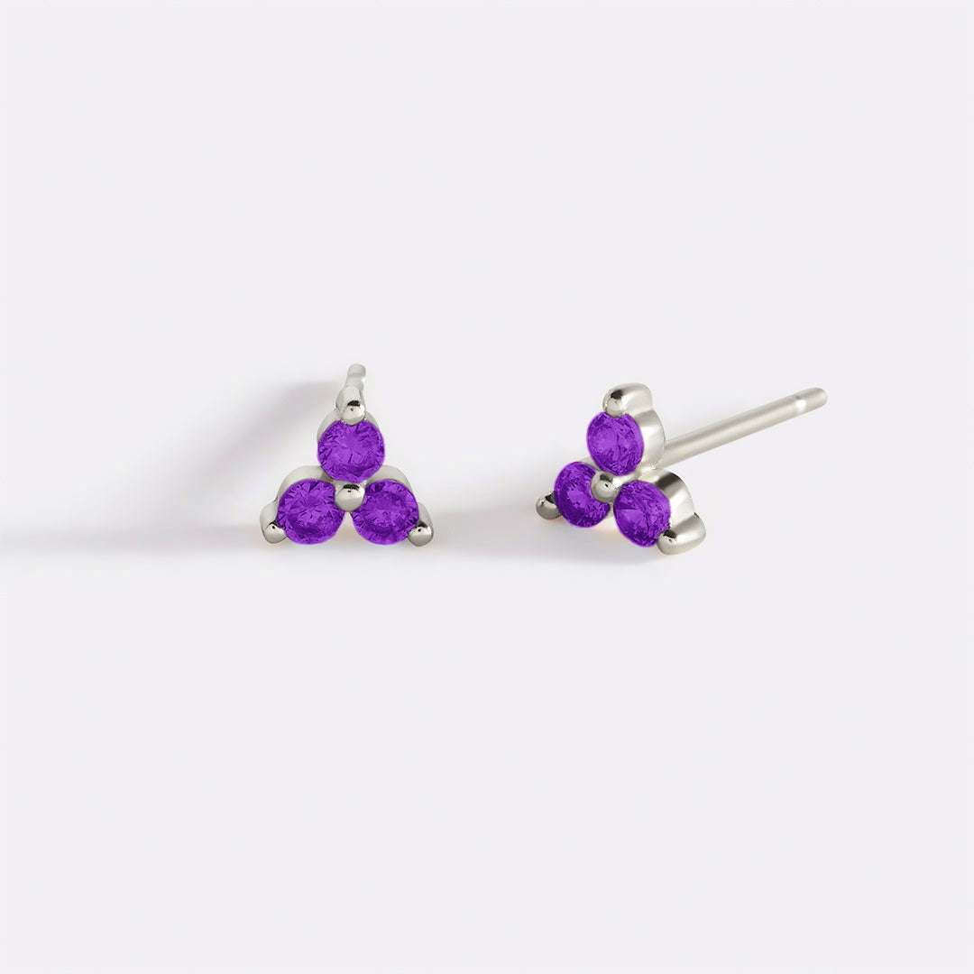 Trinity Birthstone Stud Earrings in 925 sterling silver with February birthstone