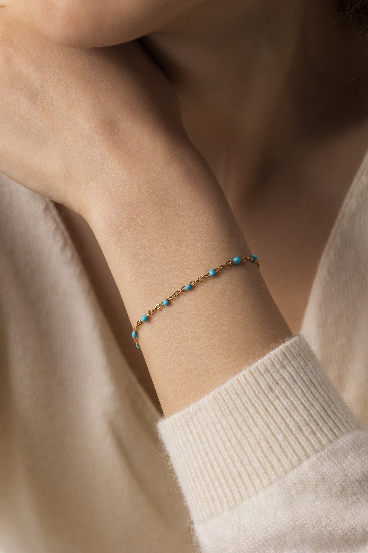 Turquoise Beaded Station Bracelet, worn on a model