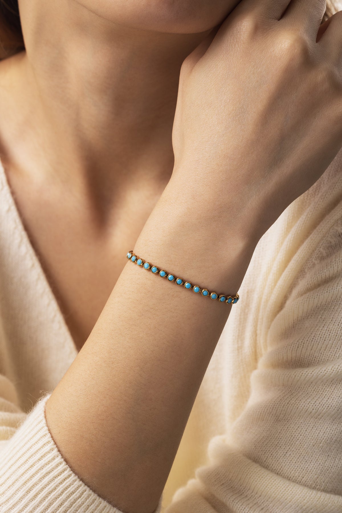 Turquoise Bezel Set Tennis Bracelet, worn on a model