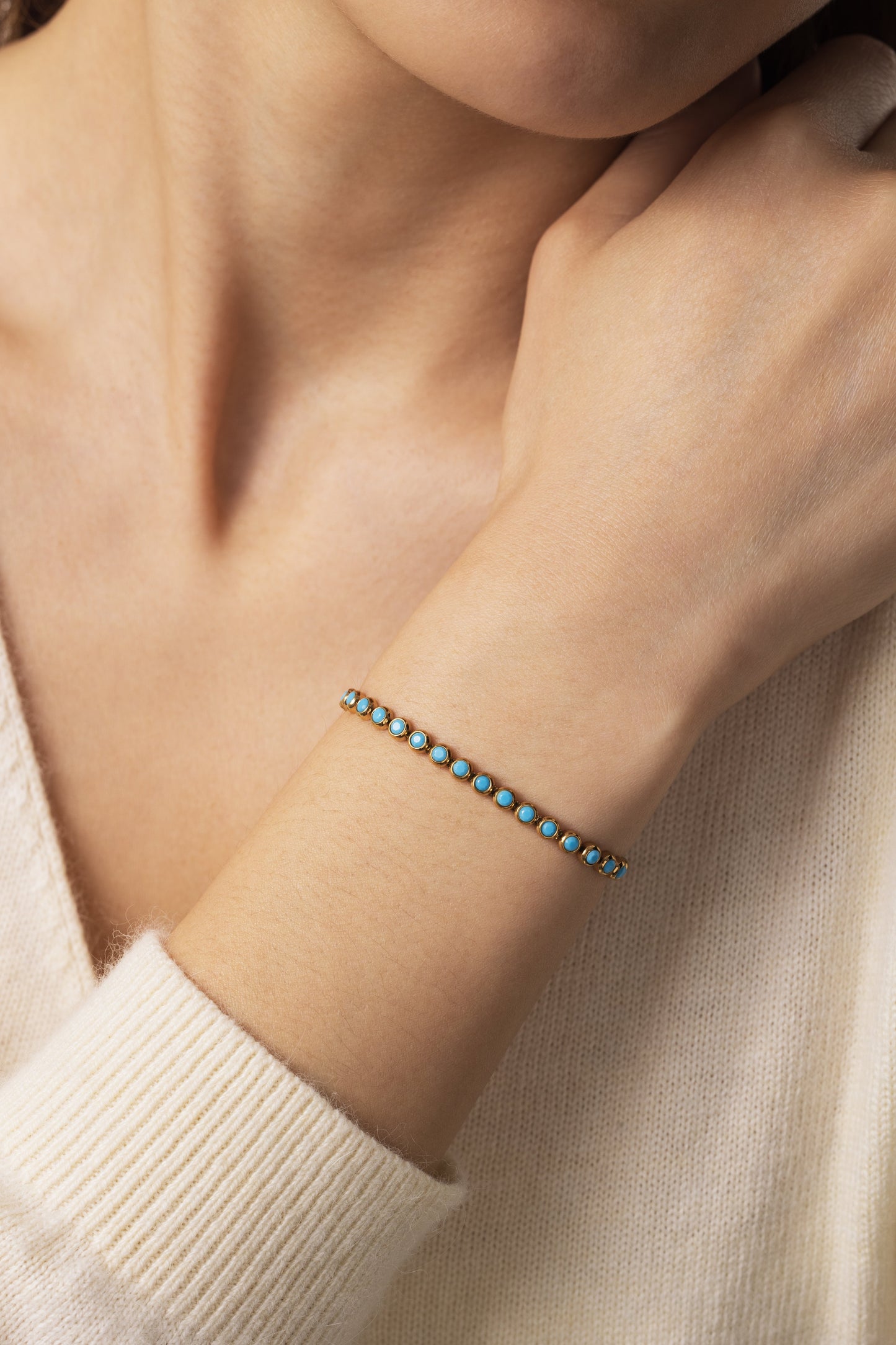 Turquoise Bezel Set Tennis Bracelet, worn on a model