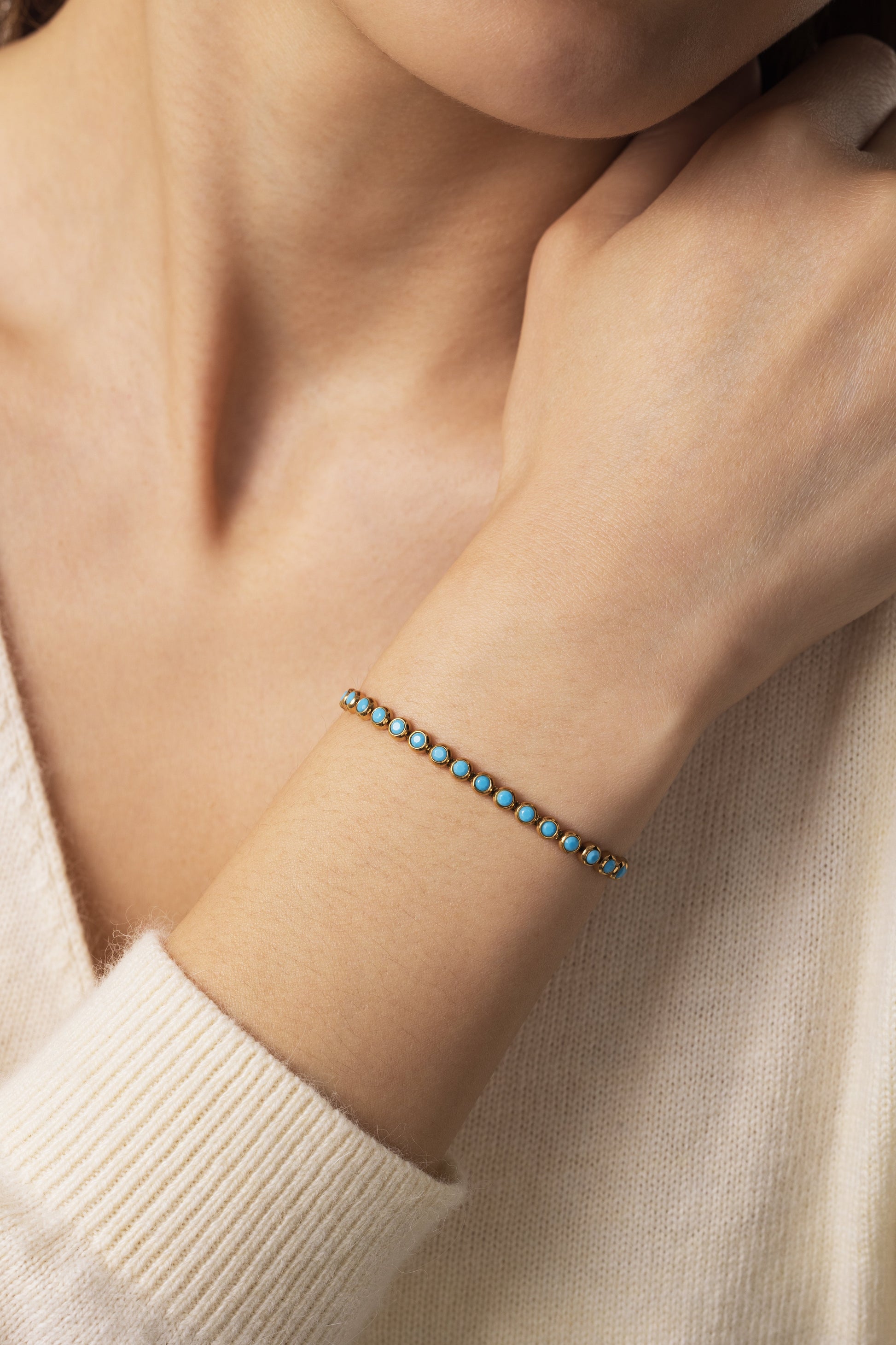 Turquoise Bezel Set Tennis Bracelet, worn on a model