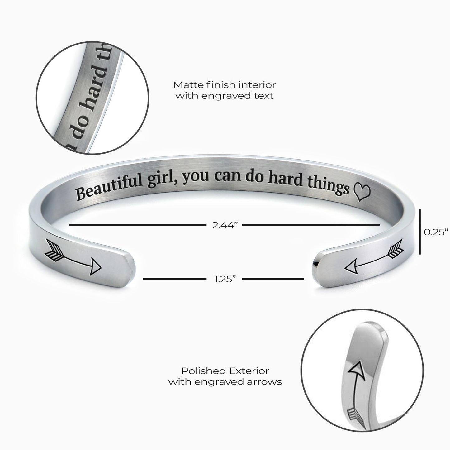 Beautiful Girl You Can Do Hard Things Cuff Bracelet in 925 sterling silver