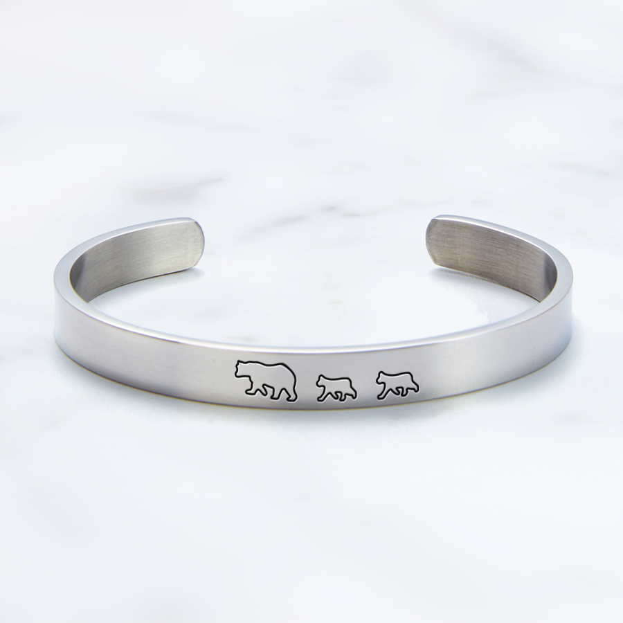 Mama Bear & Her Baby Bears Engraved Cuff Bracelet in 925 sterling silver