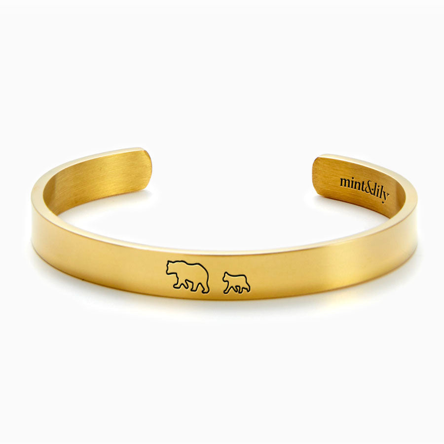 Mama Bear & Her Baby Bears Engraved Cuff Bracelet in gold tone