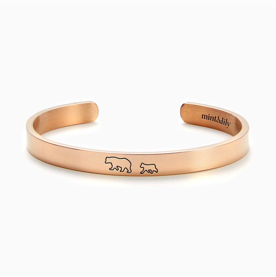 Mama Bear & Her Baby Bears Engraved Cuff Bracelet in rose gold tone