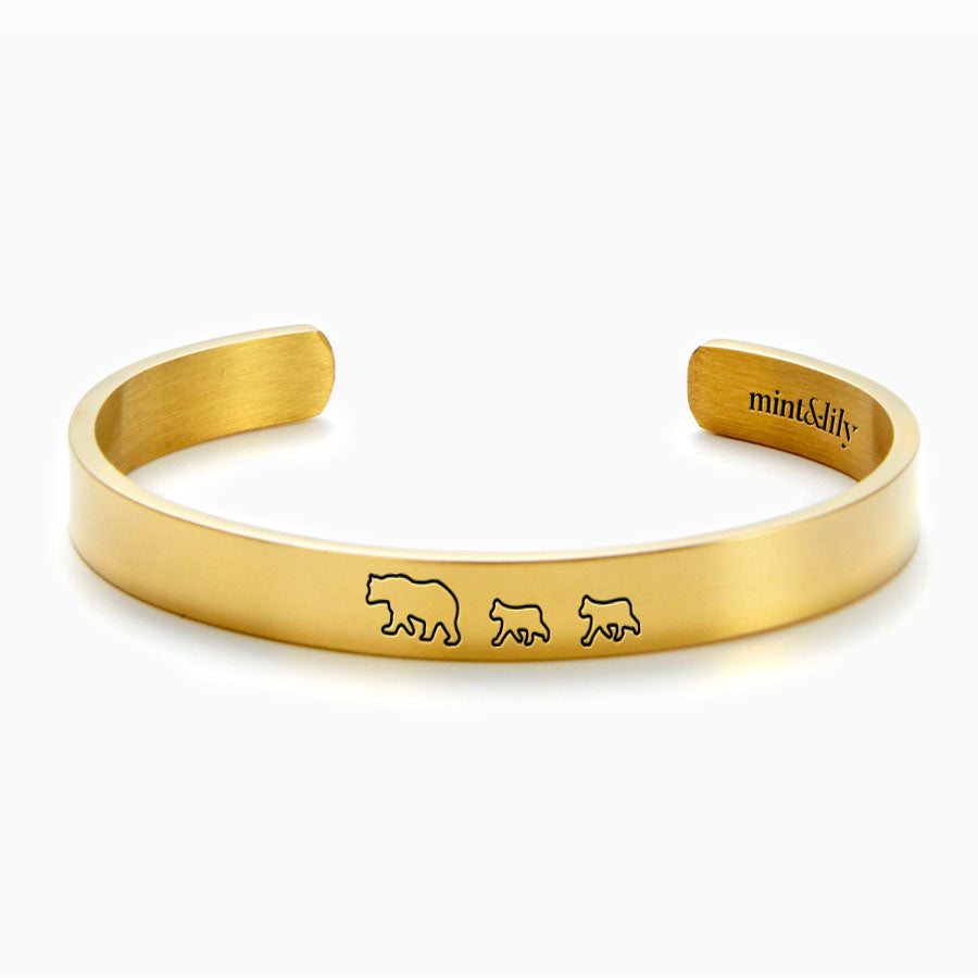 Mama Bear & Her Baby Bears Engraved Cuff Bracelet in gold tone