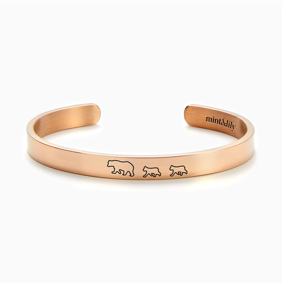 Mama Bear & Her Baby Bears Engraved Cuff Bracelet in rose gold tone