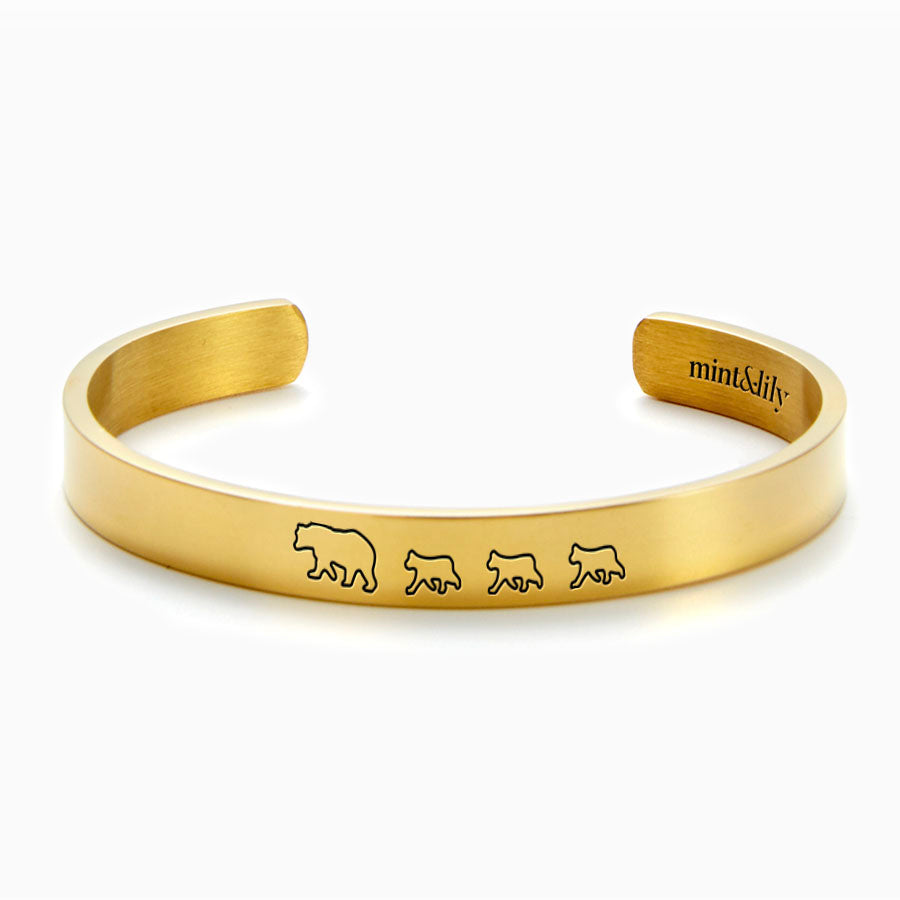 Mama Bear & Her Baby Bears Engraved Cuff Bracelet in gold tone