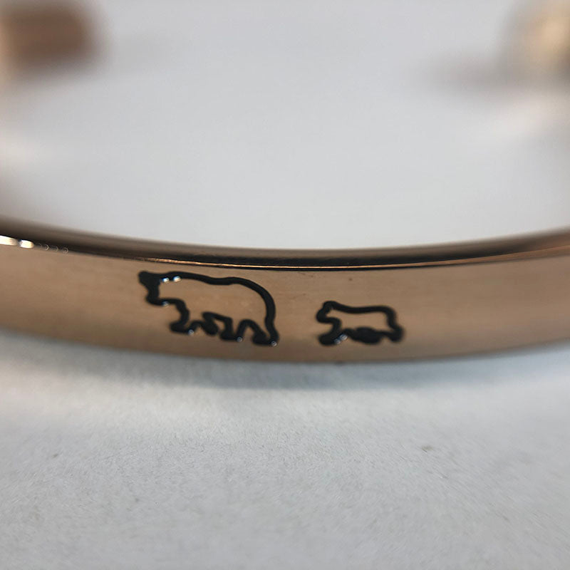 Mama Bear & Her Baby Bears Engraved Cuff Bracelet in rose gold tone, flat lay detail